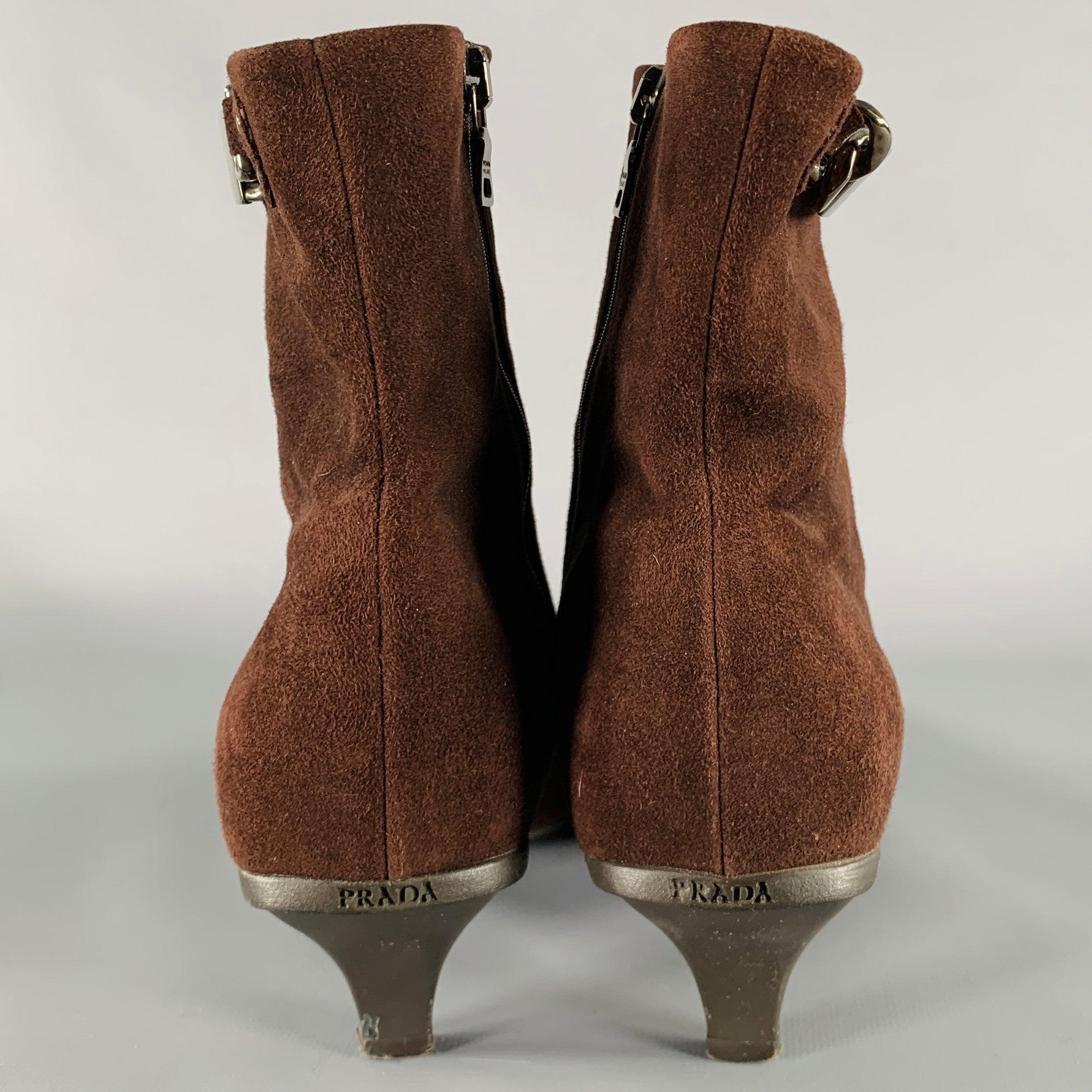 PRADA Size 7.5 Brown Suede Kitten Heel Boots In Excellent Condition In San Francisco, CA