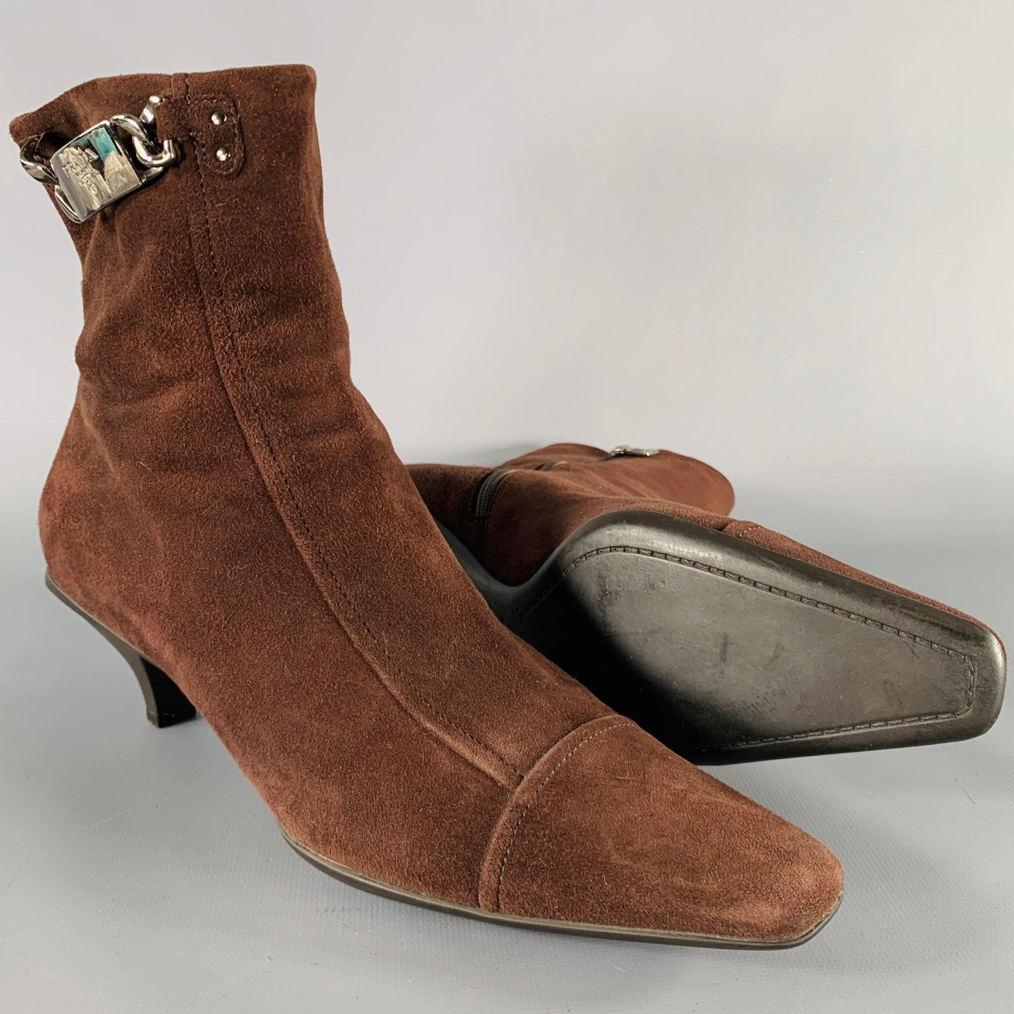 PRADA Size 7.5 Brown Suede Kitten Heel Boots 1