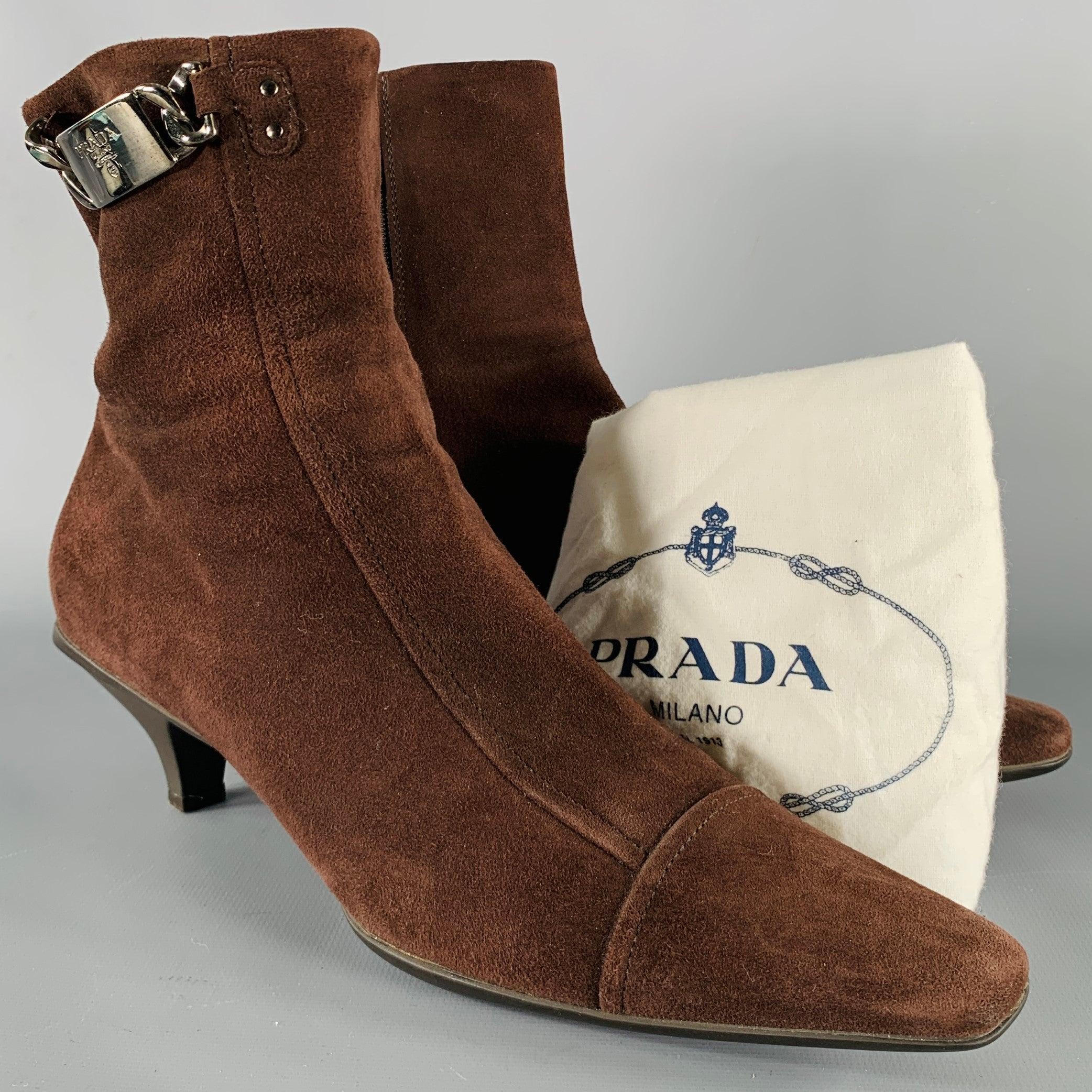 PRADA Size 7.5 Brown Suede Kitten Heel Boots 5