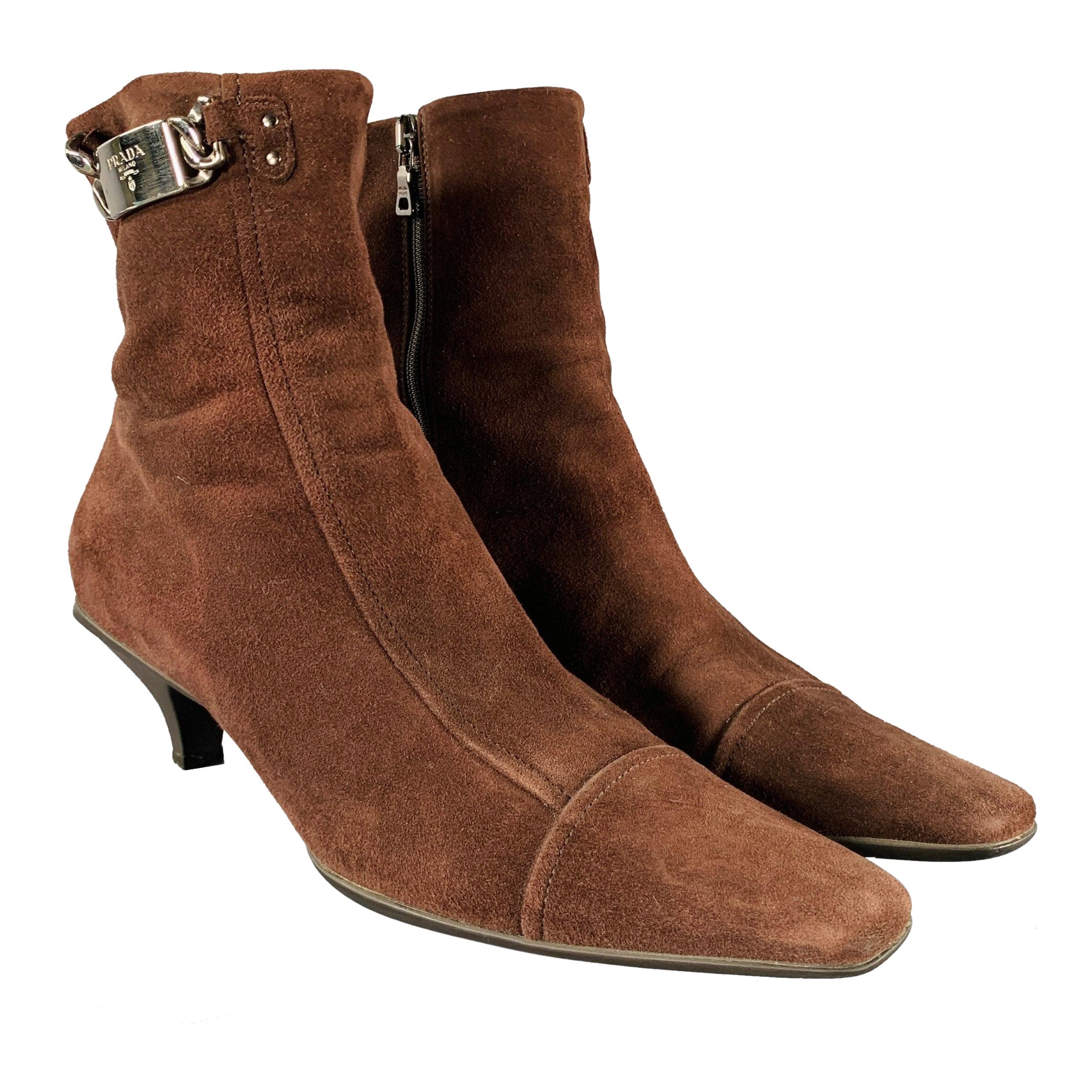 PRADA Size 7.5 Brown Suede Kitten Heel Boots