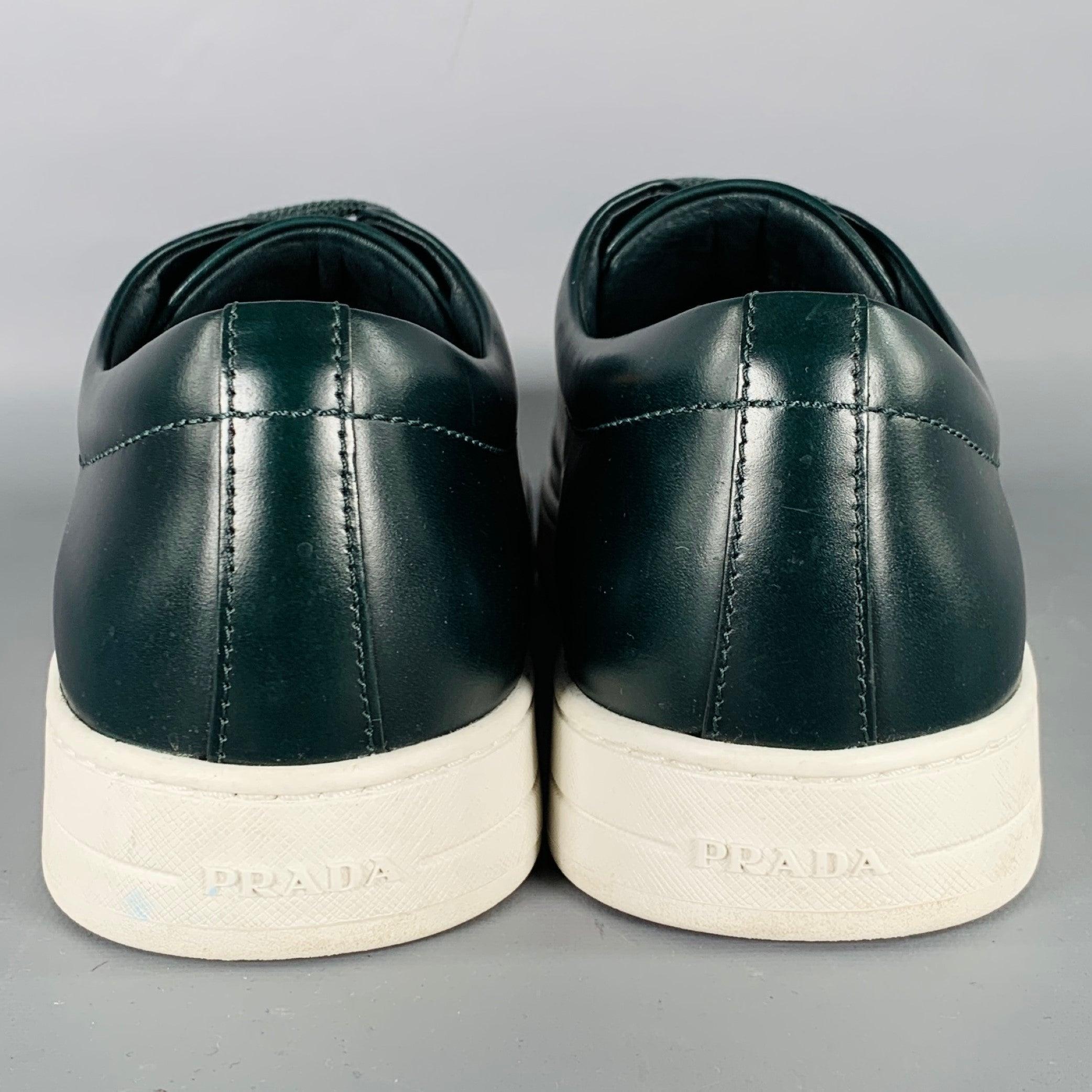 Noir PRADA Size 7.5 Green White Leather Low Top Sneakers