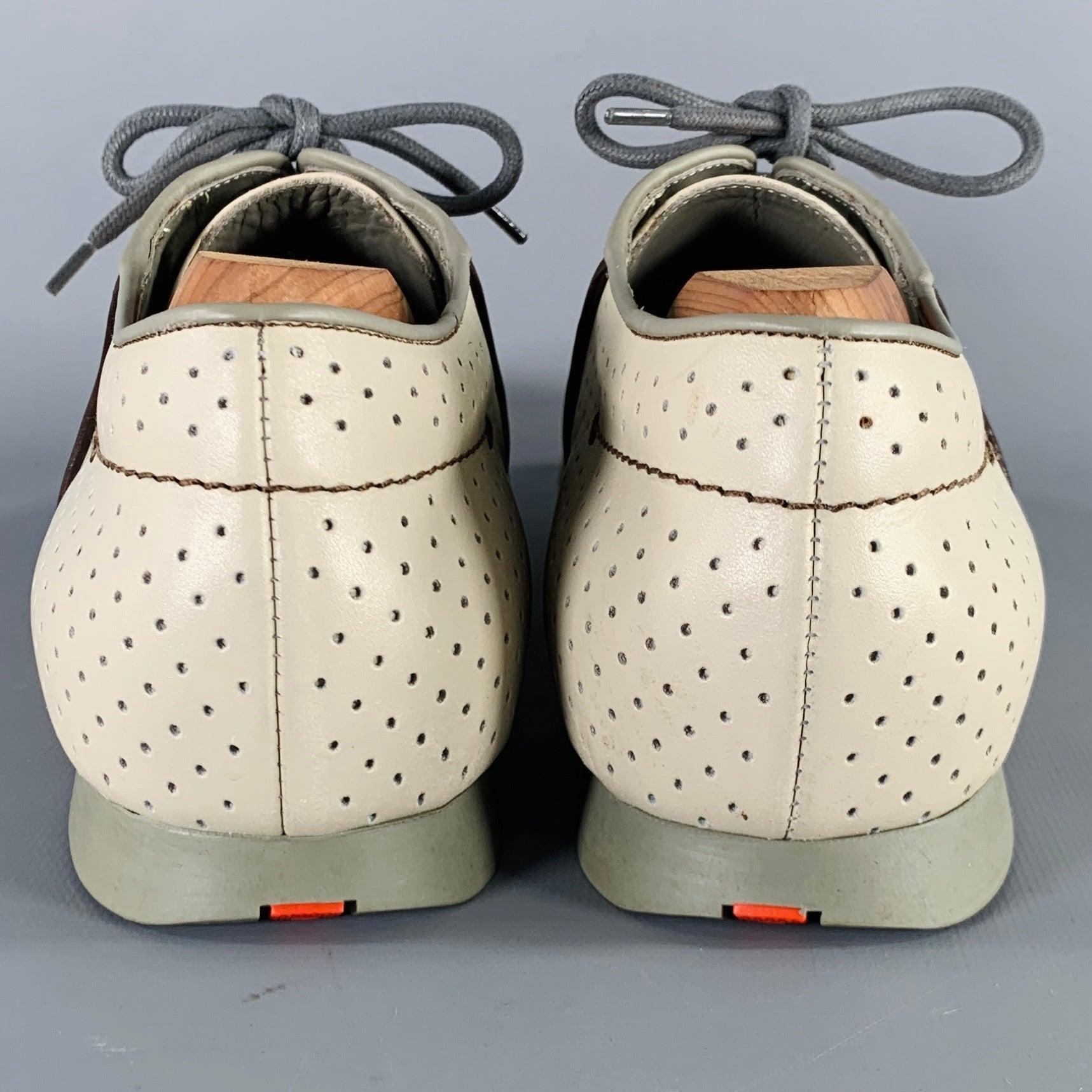 Gray PRADA Size 7.5 Grey Brown Perforated Leather Lace-Up Shoes For Sale