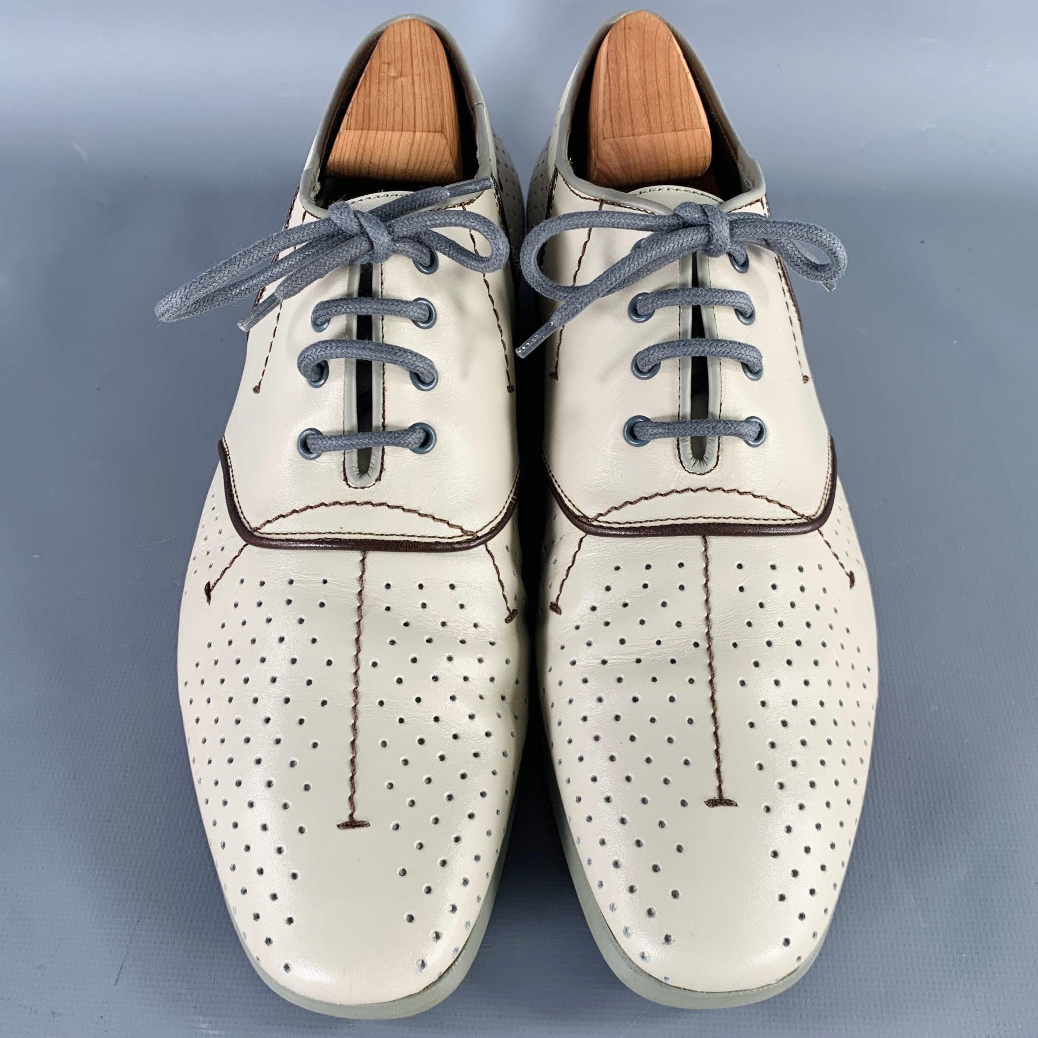 PRADA Size 7.5 Grey Brown Perforated Leather Lace-Up Shoes In Excellent Condition For Sale In San Francisco, CA