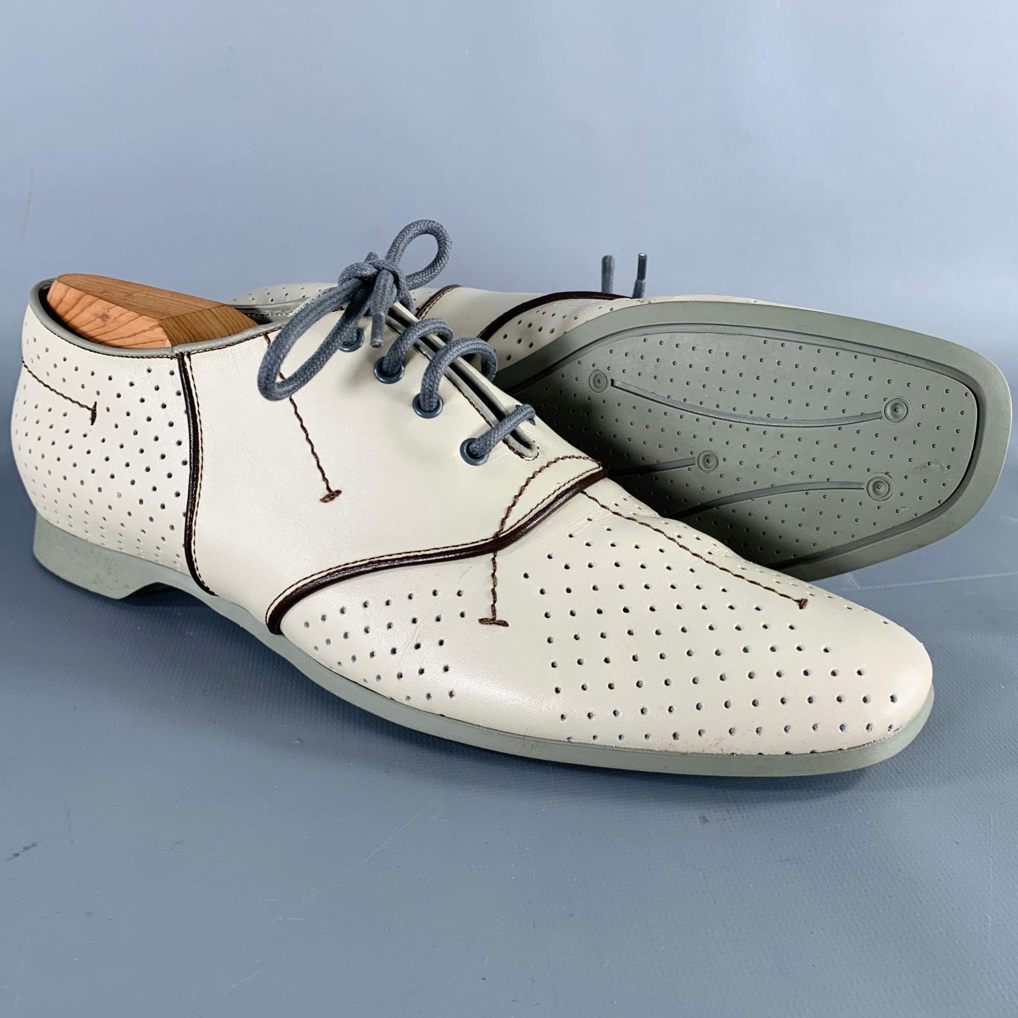 Men's PRADA Size 7.5 Grey Brown Perforated Leather Lace-Up Shoes For Sale