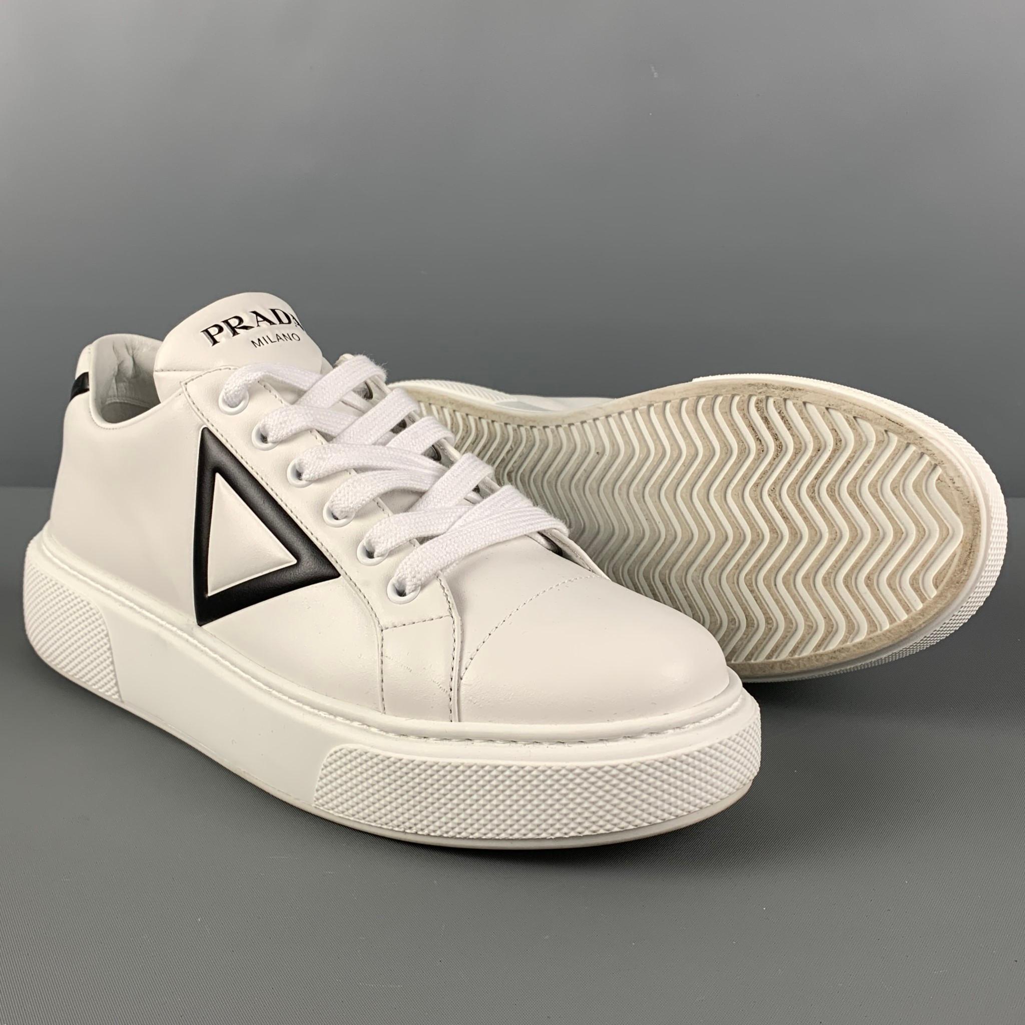 PRADA Size 7.5 White Leather Lace Up Sneakers In Excellent Condition In San Francisco, CA