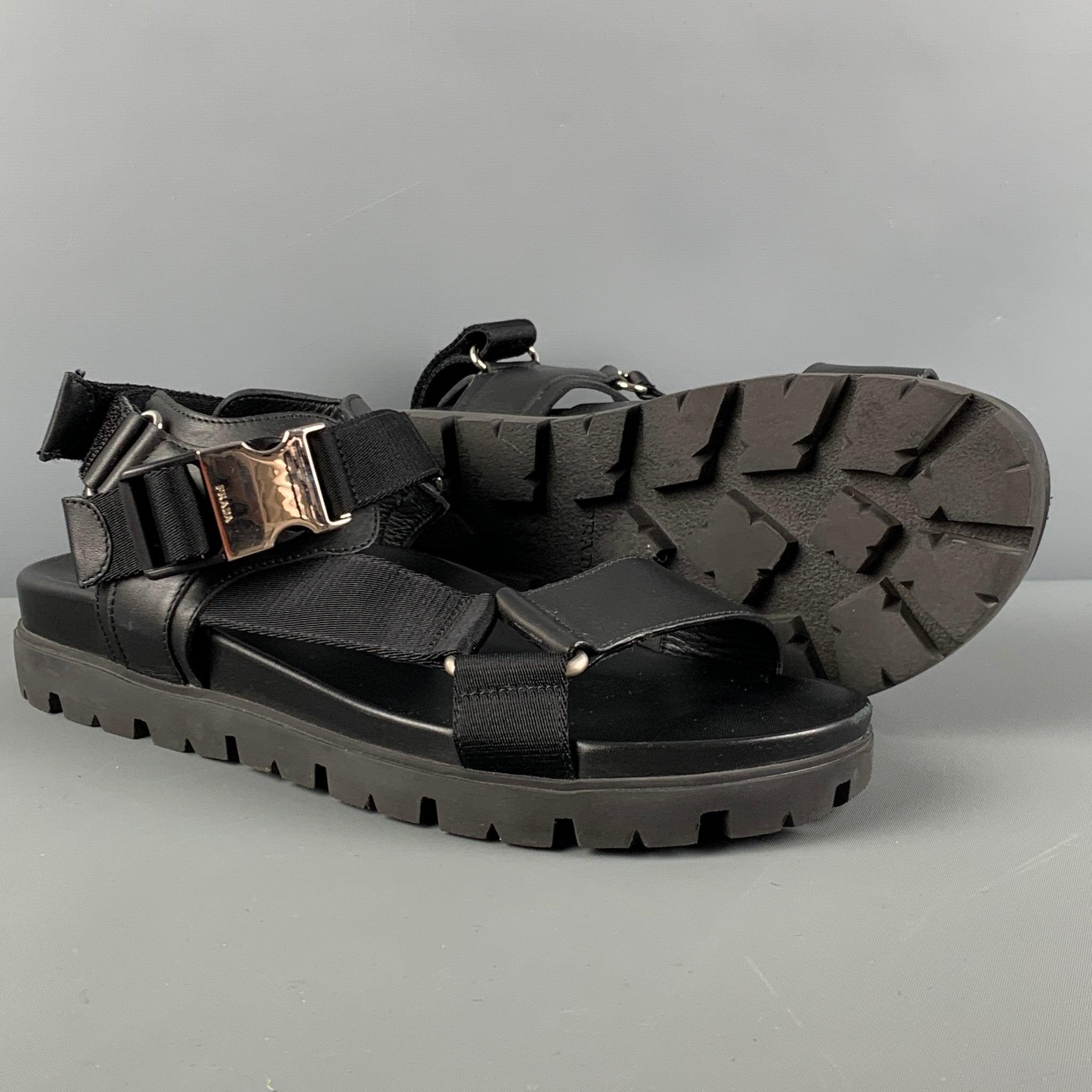 PRADA Size 8 Black Leather Belted Buckle Sandals In Good Condition For Sale In San Francisco, CA