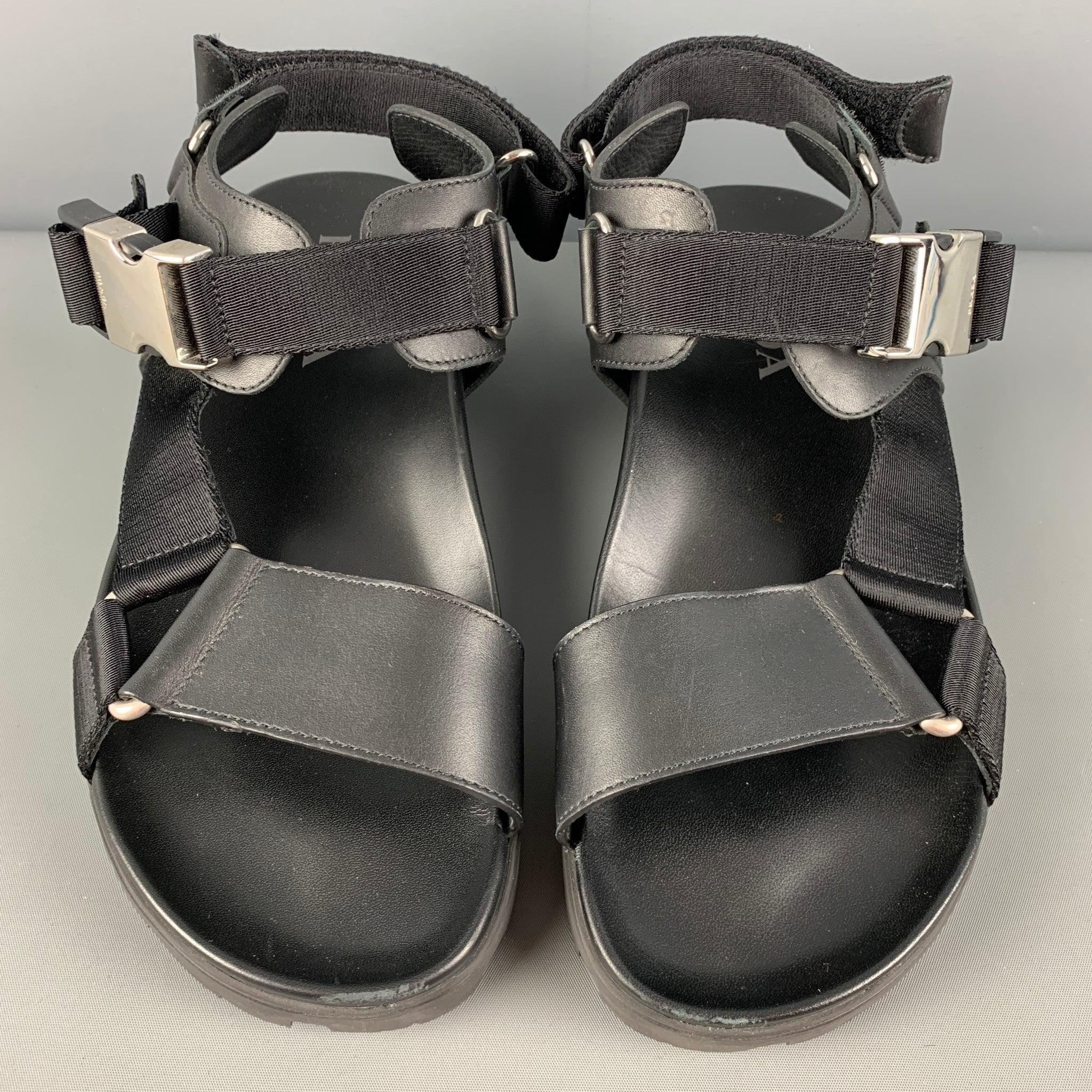 Men's PRADA Size 8 Black Leather Belted Buckle Sandals For Sale