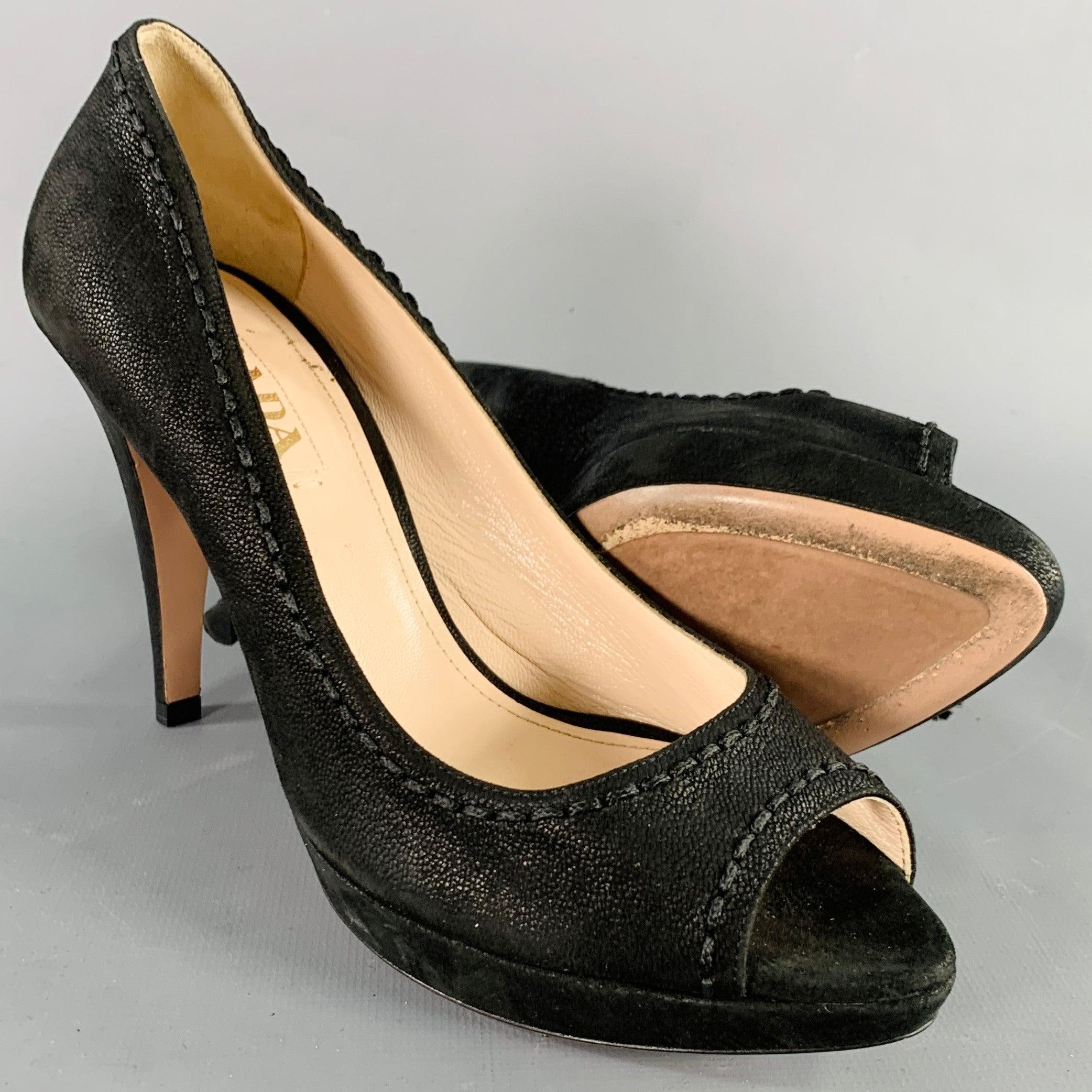 Women's PRADA Size 8 Black Leather Peep Toe Pumps For Sale
