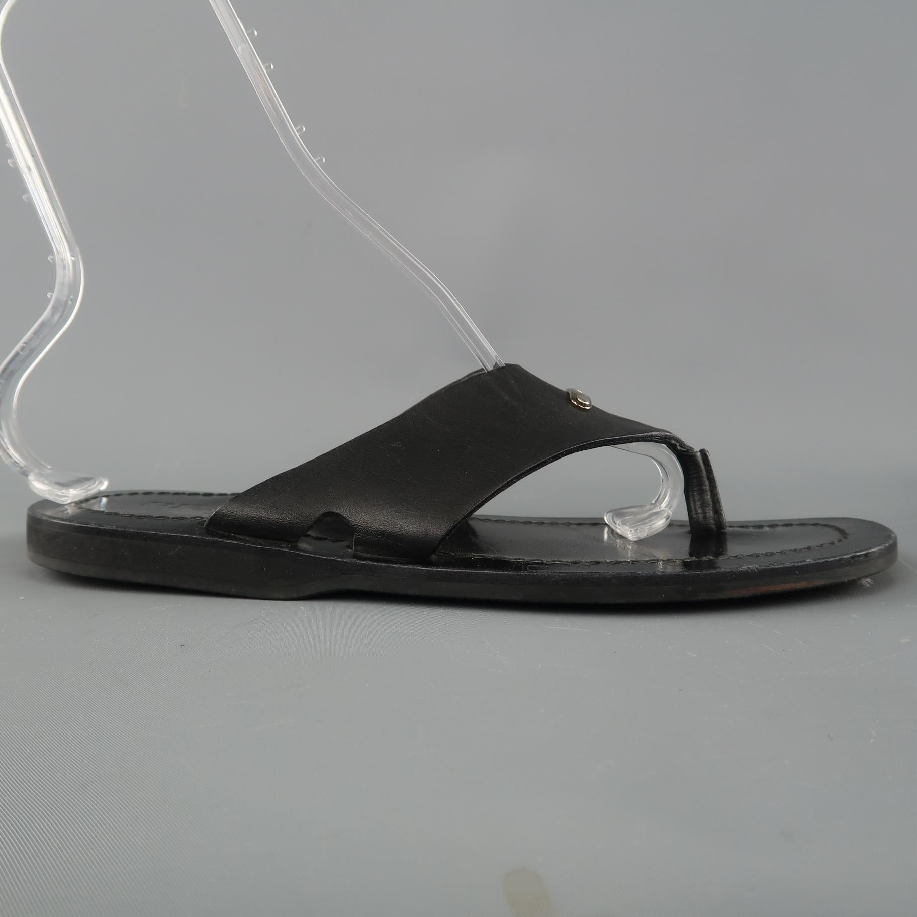 PRADA Size 8 Black Leather Silver Logo Thong Sandals In Good Condition In San Francisco, CA
