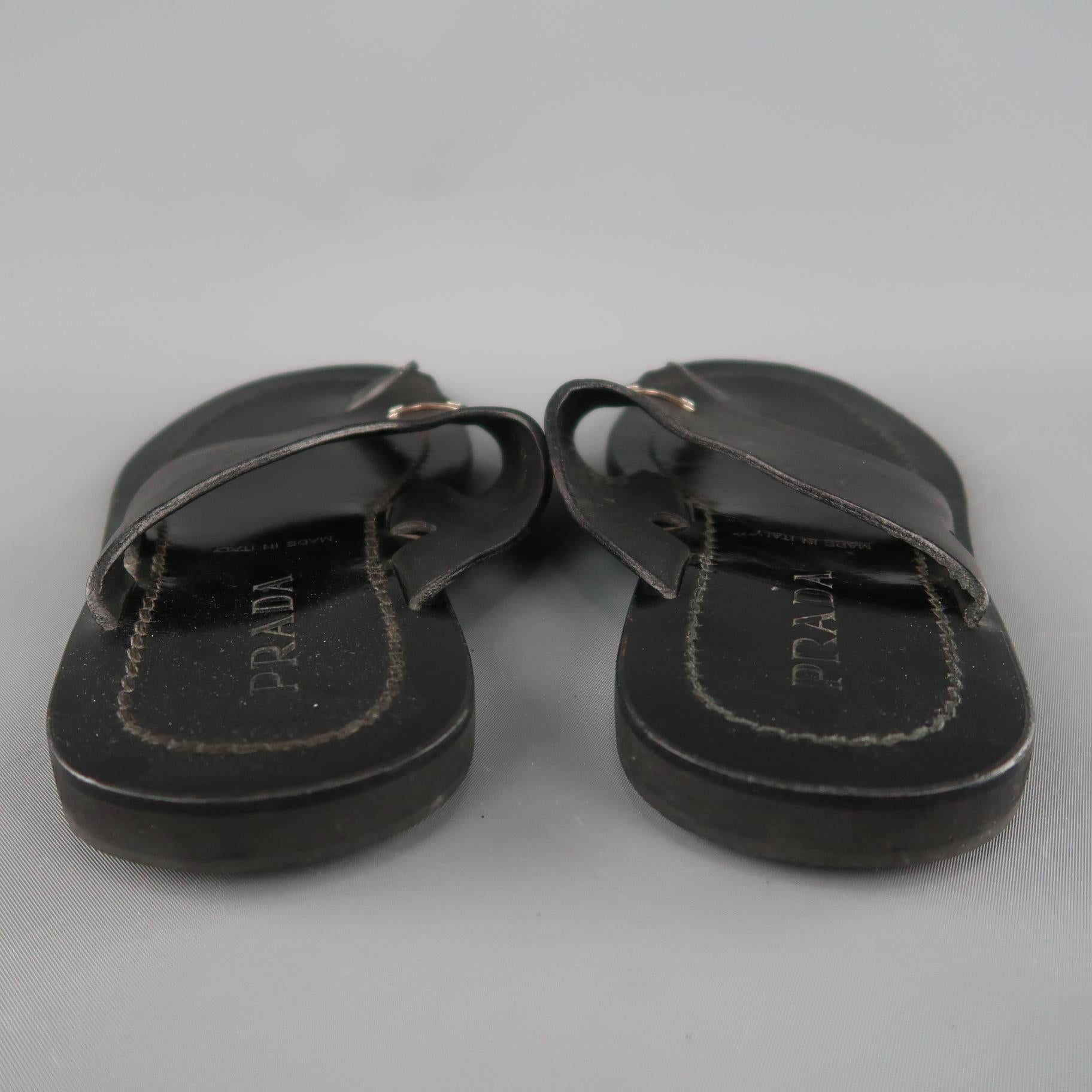 PRADA Size 8 Black Leather Silver Logo Thong Sandals 1