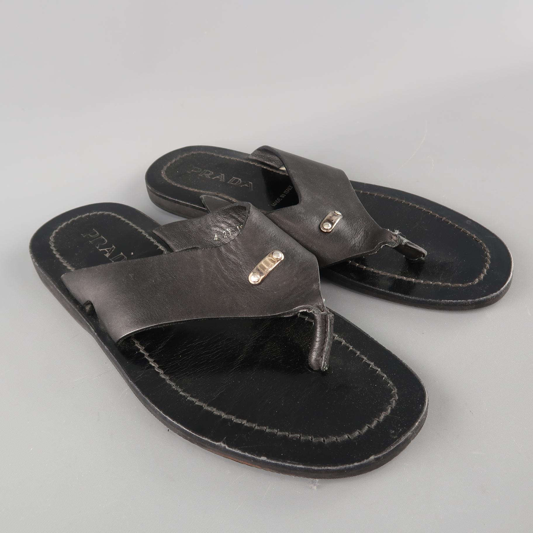 PRADA Size 8 Black Leather Silver Logo Thong Sandals 3
