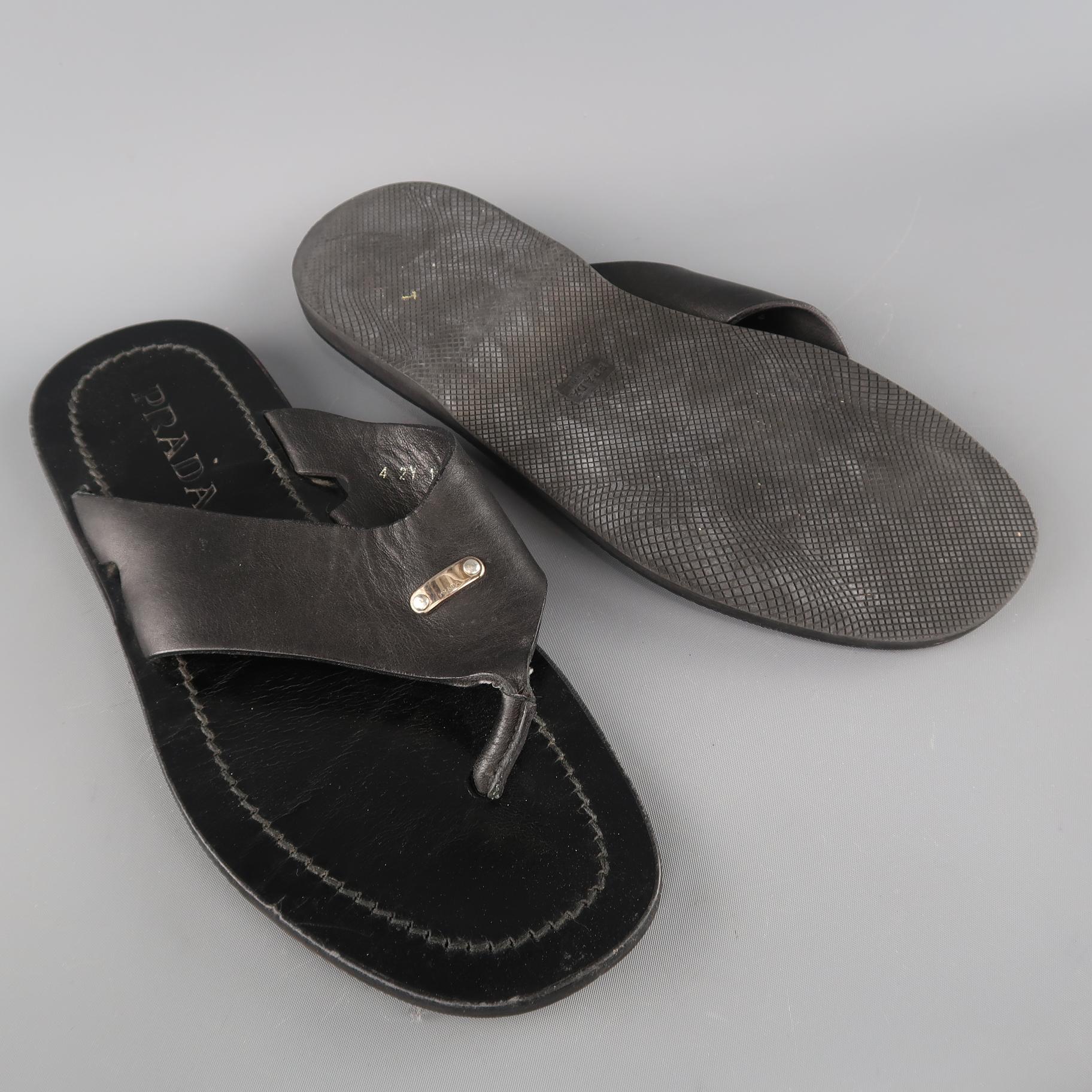 PRADA Size 8 Black Leather Silver Logo Thong Sandals 4