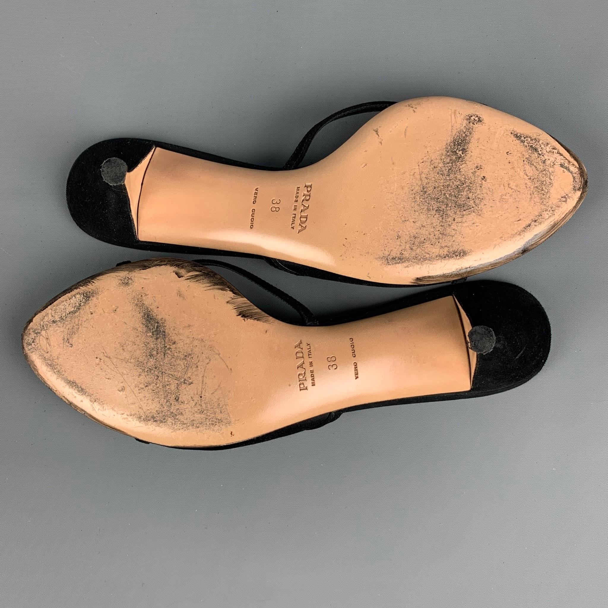 Women's PRADA Size 8 Black Silk Applique Patent Leather Kitten Heel Sandals
