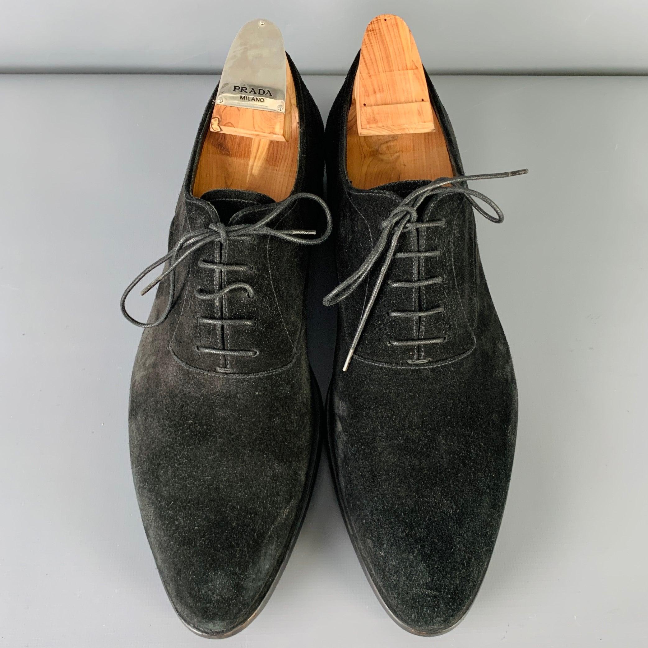 Men's PRADA Size 8 Black Suede Pointed Toe Lace-Up Shoes For Sale