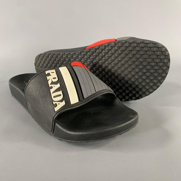 PRADA Size 8 Black and White Logo Rubber Slide Sandals For 