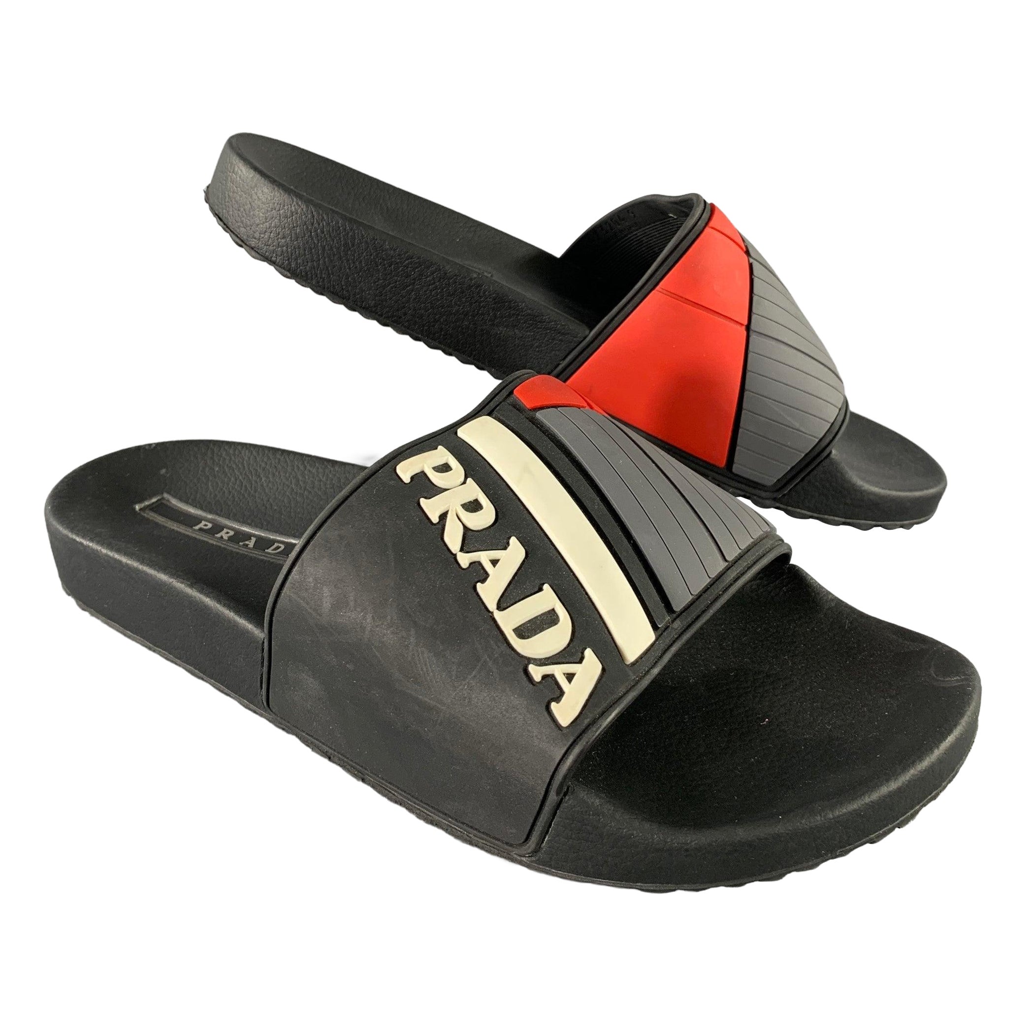 PRADA Size 8 Black & White Logo Rubber Slide Sandals