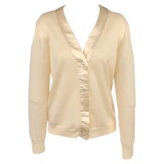 PRADA Size 8 Cream Knitted Wool / Silk Elbow Patches Snap Button Cardigan