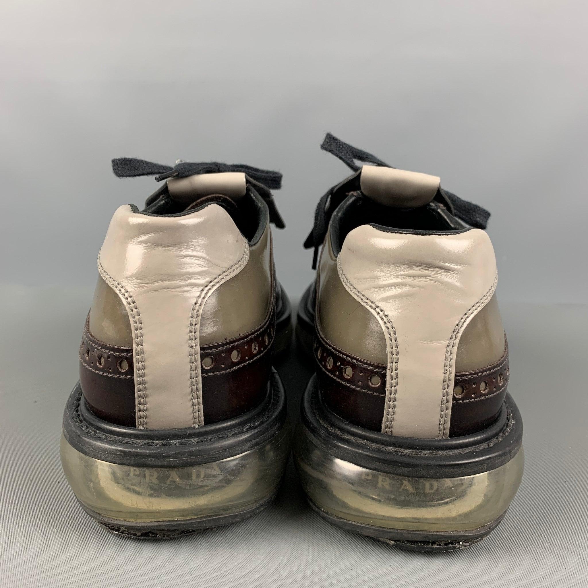 PRADA Size 8 Grey Brown Perforated Leather Lace Up Shoes In Good Condition In San Francisco, CA