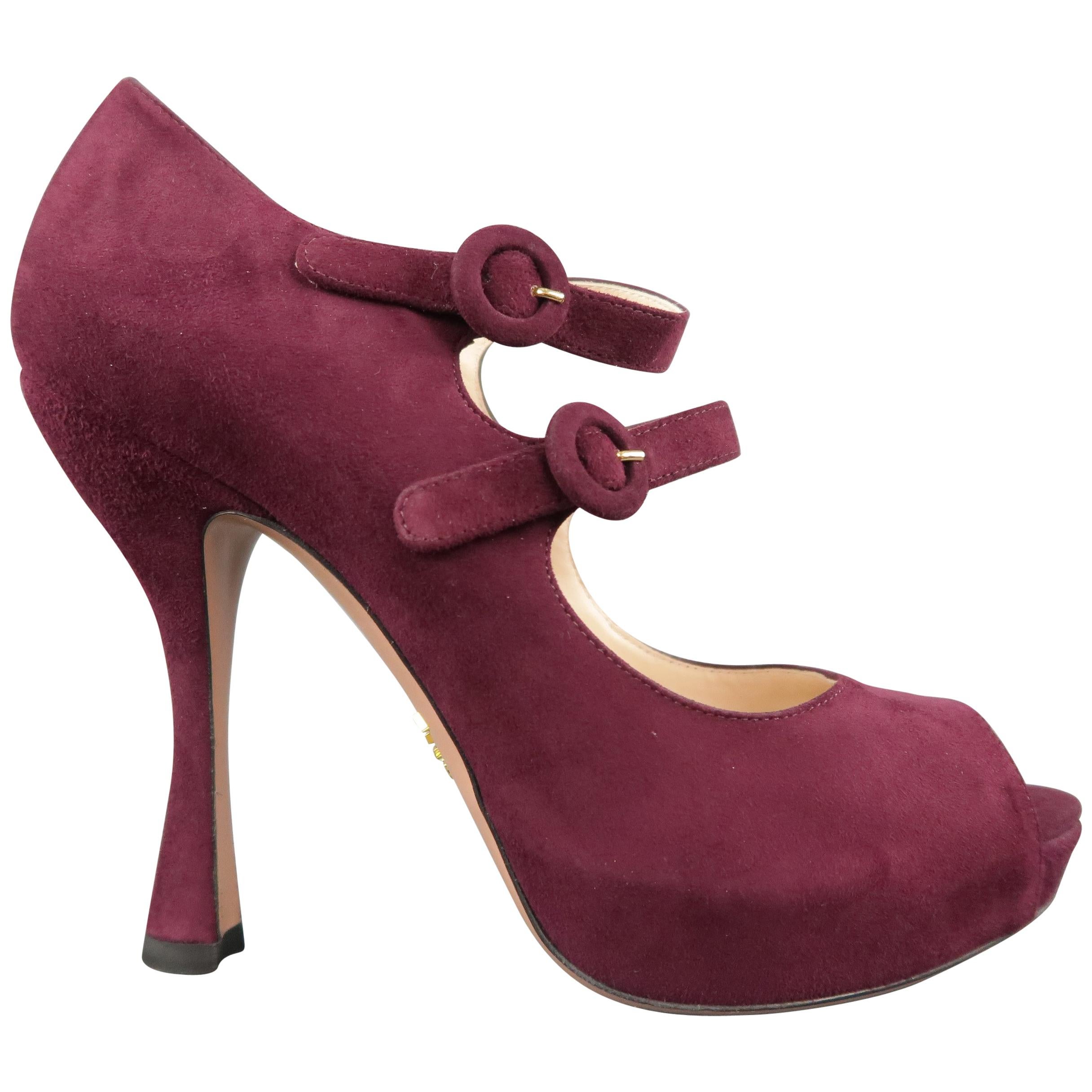 PRADA Size 8 Plum Suede Double Mary Jane Strap Peep Toe Platform Pumps