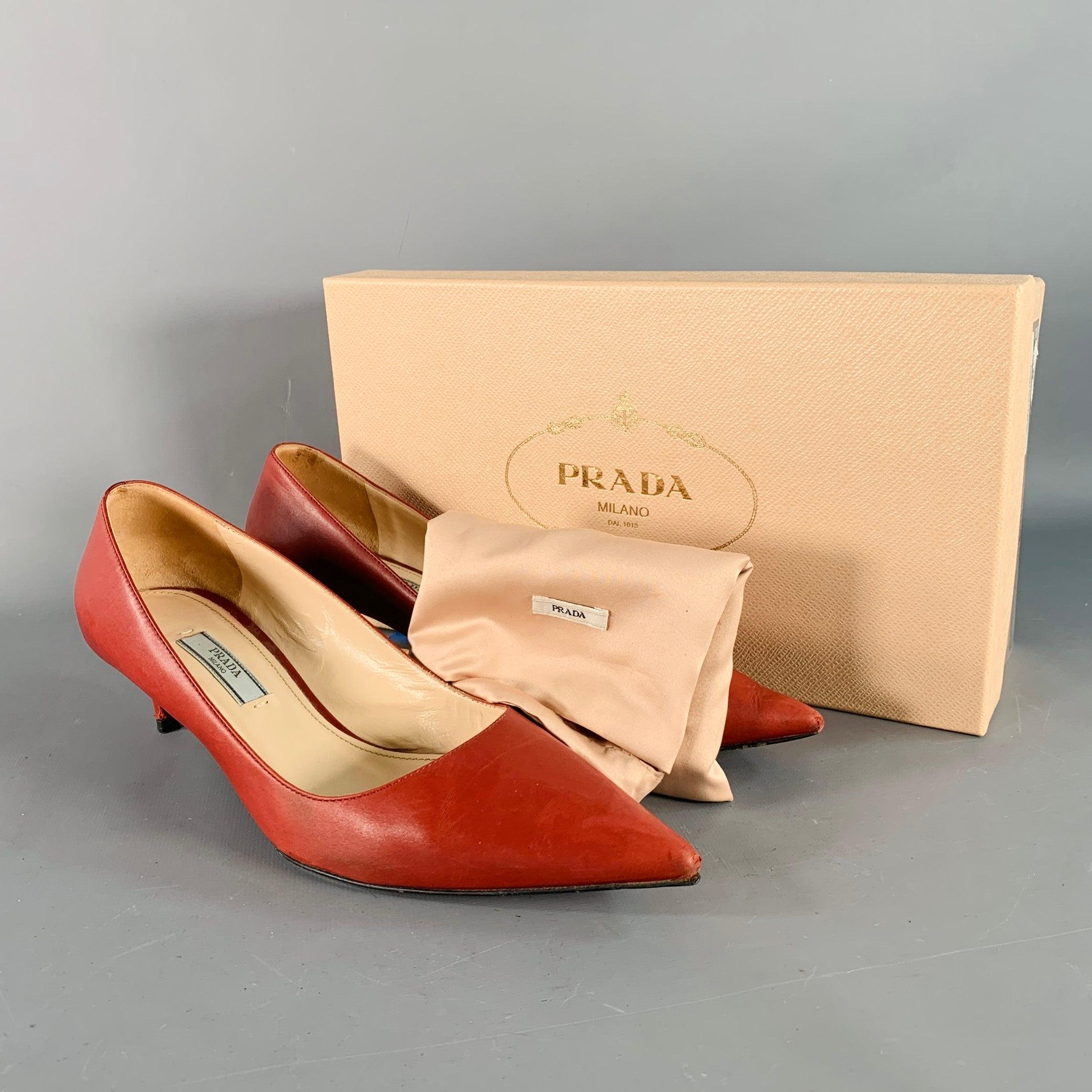 PRADA Size 8 Red Leather Kitten Heel Pointed Toe Pumps For Sale 6