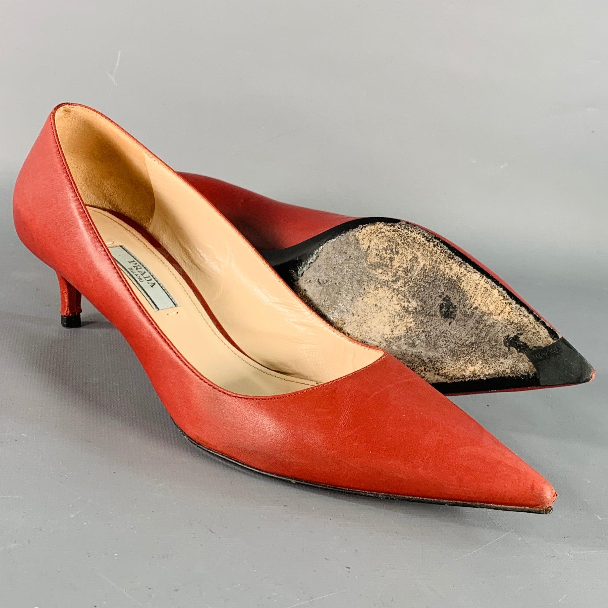 PRADA Size 8 Red Leather Kitten Heel Pointed Toe Pumps For Sale 1