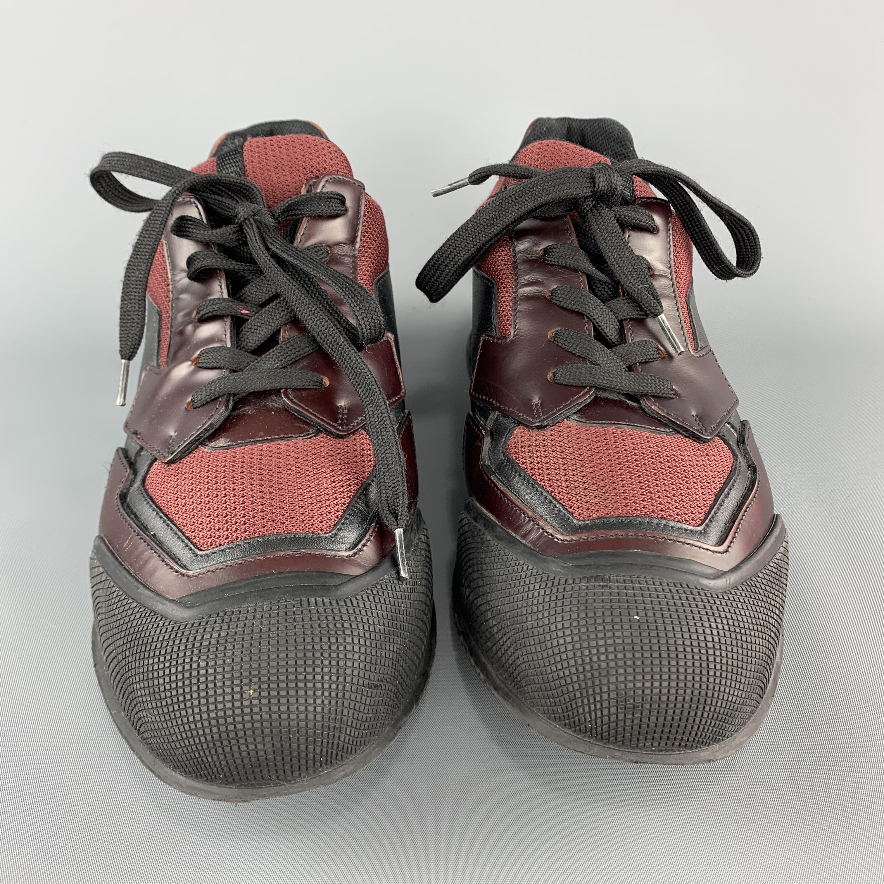 PRADA Size 8.5 Black & Burgundy Leather & Mesh Chunky Lace Up Sneakers In Good Condition In San Francisco, CA