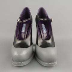 PRADA Size 8.5 Black Leather Gray Rubber Dipped Platform Mary Jane Pumps