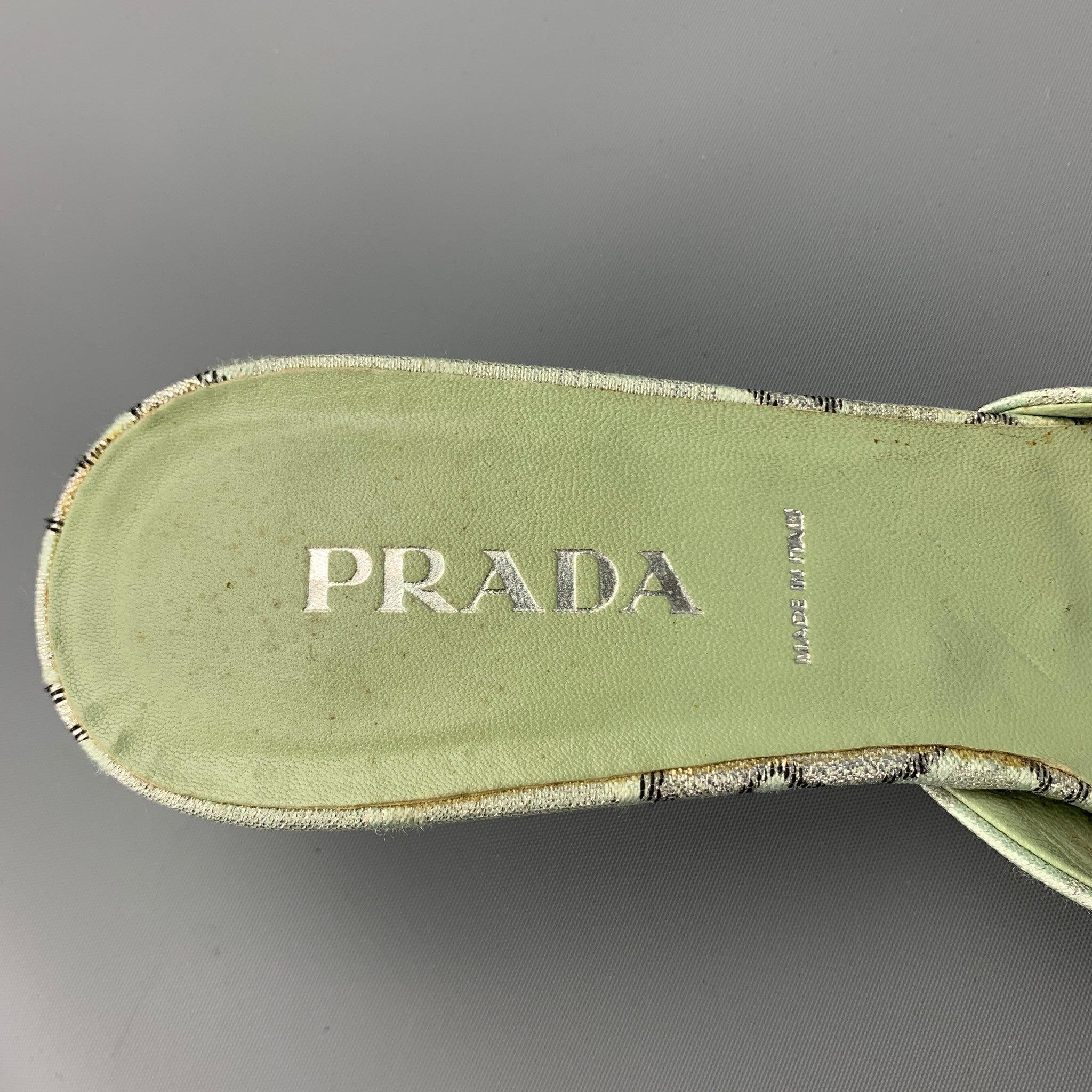 PRADA Size 8.5 Green Embellishments Silk Kitten Heel Pumps For Sale 2