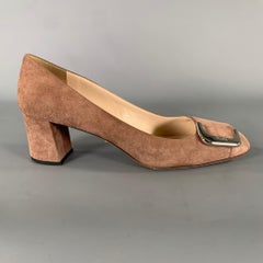PRADA Size 8.5 Khaki Silver buckle Suede Pumps