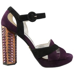 PRADA Size 8.5 Violet Suede Thick Copper Rhinestone Heel Platform Sandals
