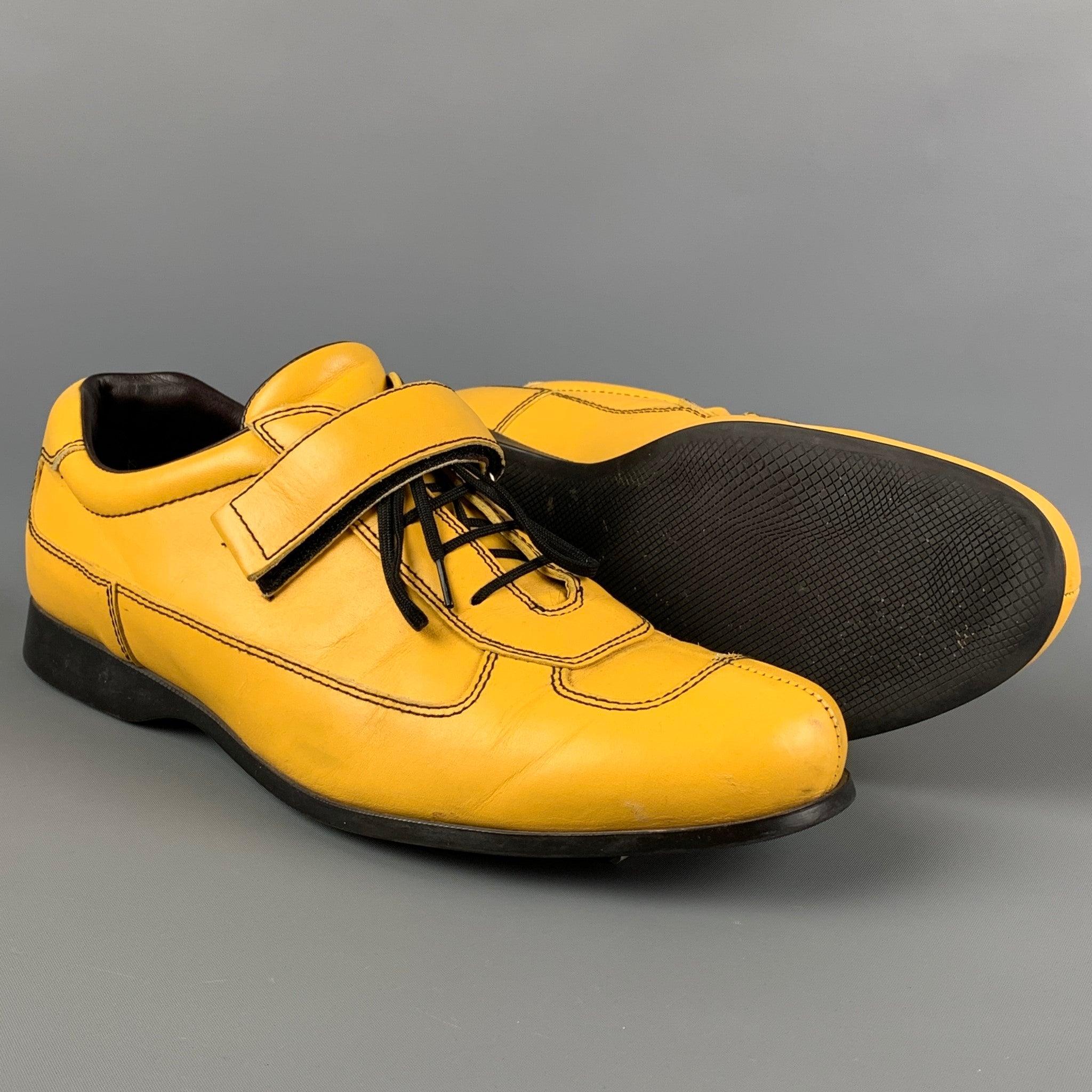 PRADA Size 8.5 Yellow Contrast Stitch Leather Split Toe Lace Up Shoes In Good Condition In San Francisco, CA
