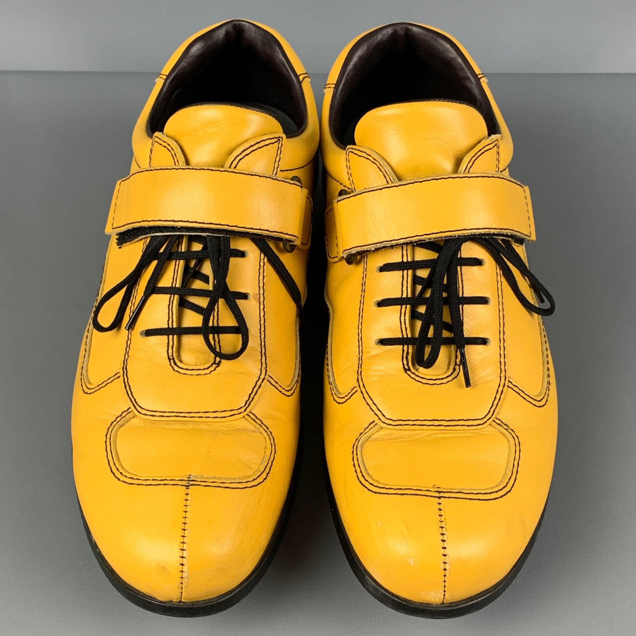 Men's PRADA Size 8.5 Yellow Contrast Stitch Leather Split Toe Lace Up Shoes