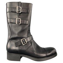 PRADA Size 9 Black Leather Buckled Strap Calf Length Biker Boots