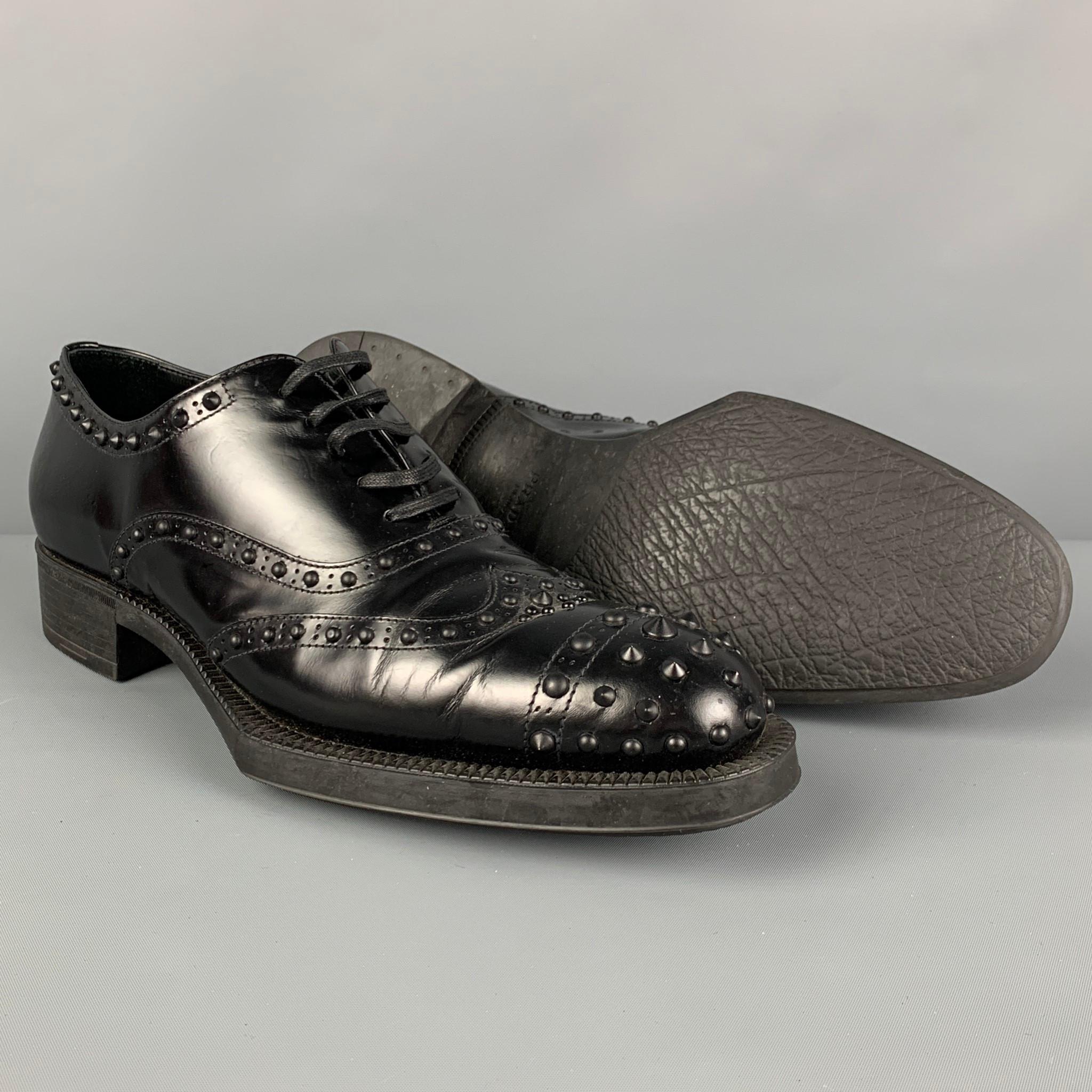 PRADA Size 9 Black Leather Studded Cap Toe Shoes In Good Condition In San Francisco, CA