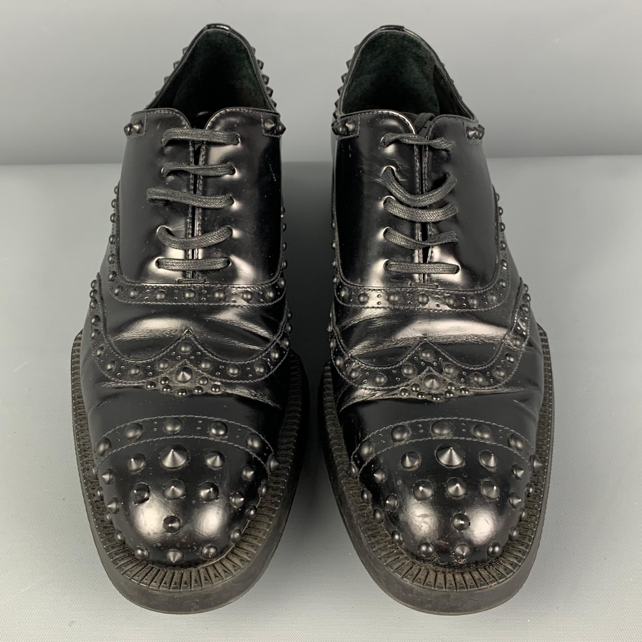 Women's PRADA Size 9 Black Leather Studded Cap Toe Shoes