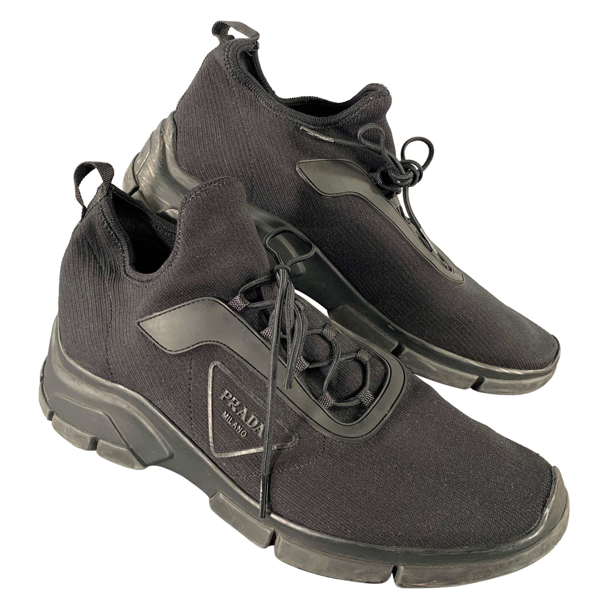 Pre-owned Prada Size 9 Black Logo Nylon Lace Sneakers