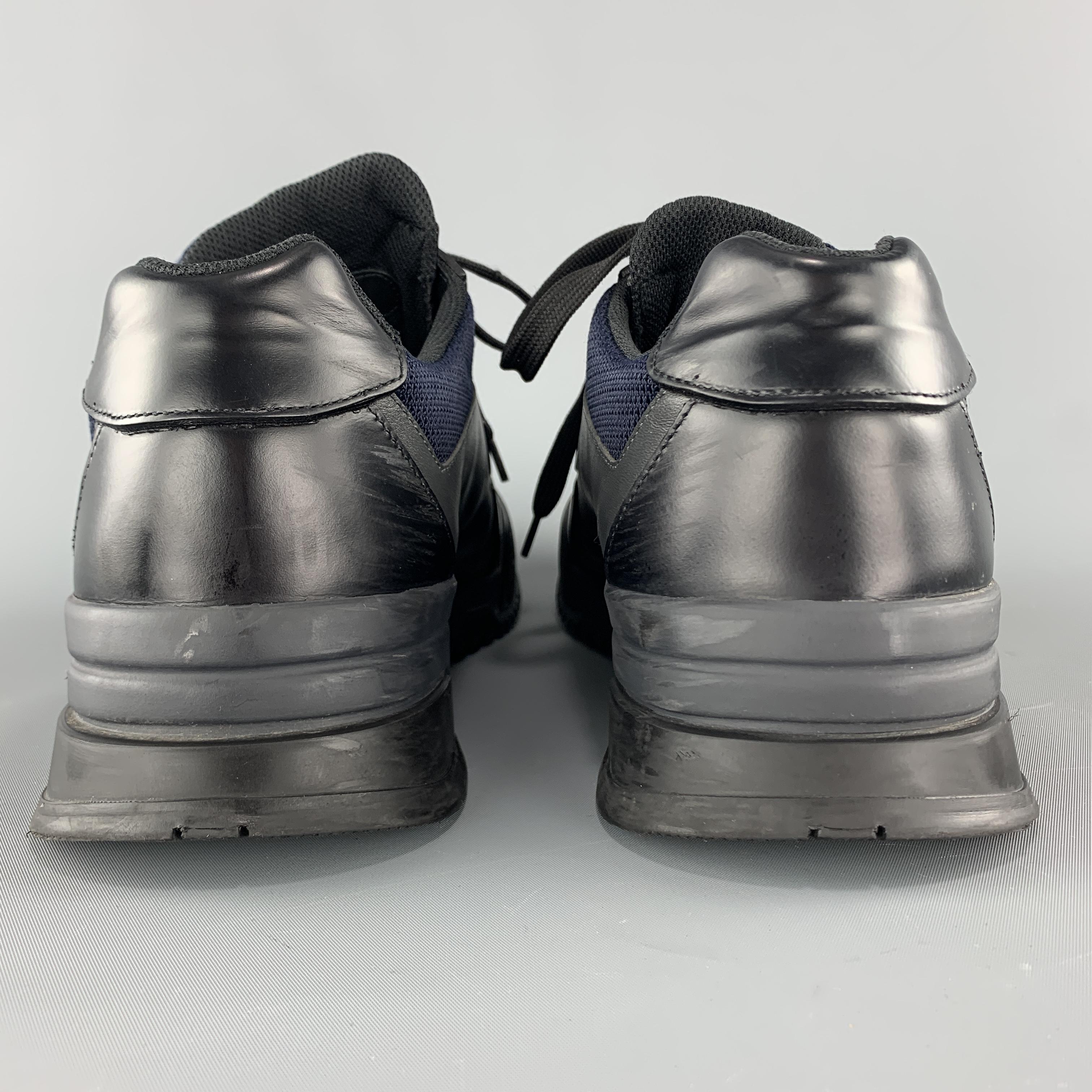 Men's PRADA Size 9 Black & Navy Mesh & Leather Chunky Rubber Sole Sneaker
