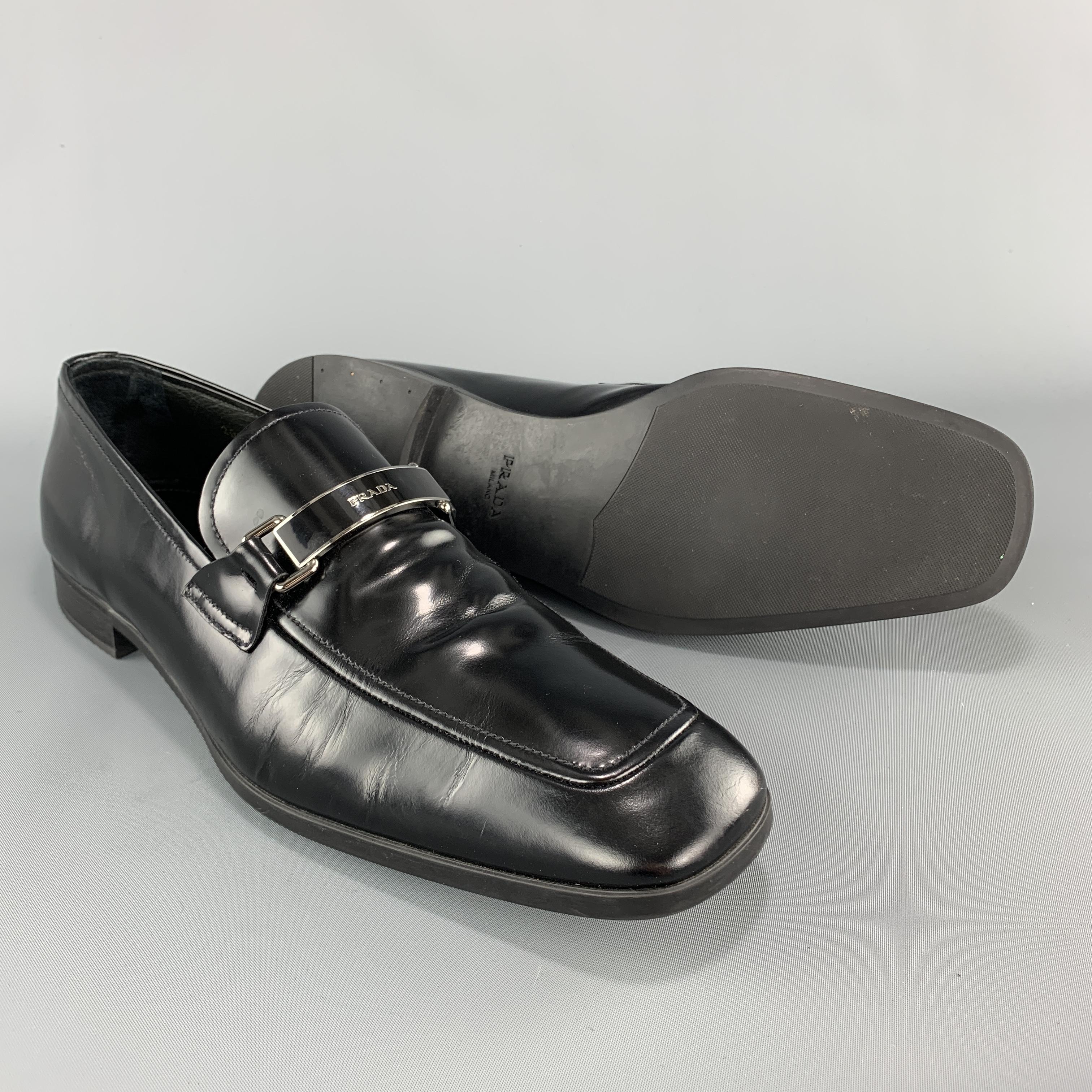 PRADA Size 9 Black Patent Leather Enamel Logo Strap Loafers In Good Condition In San Francisco, CA