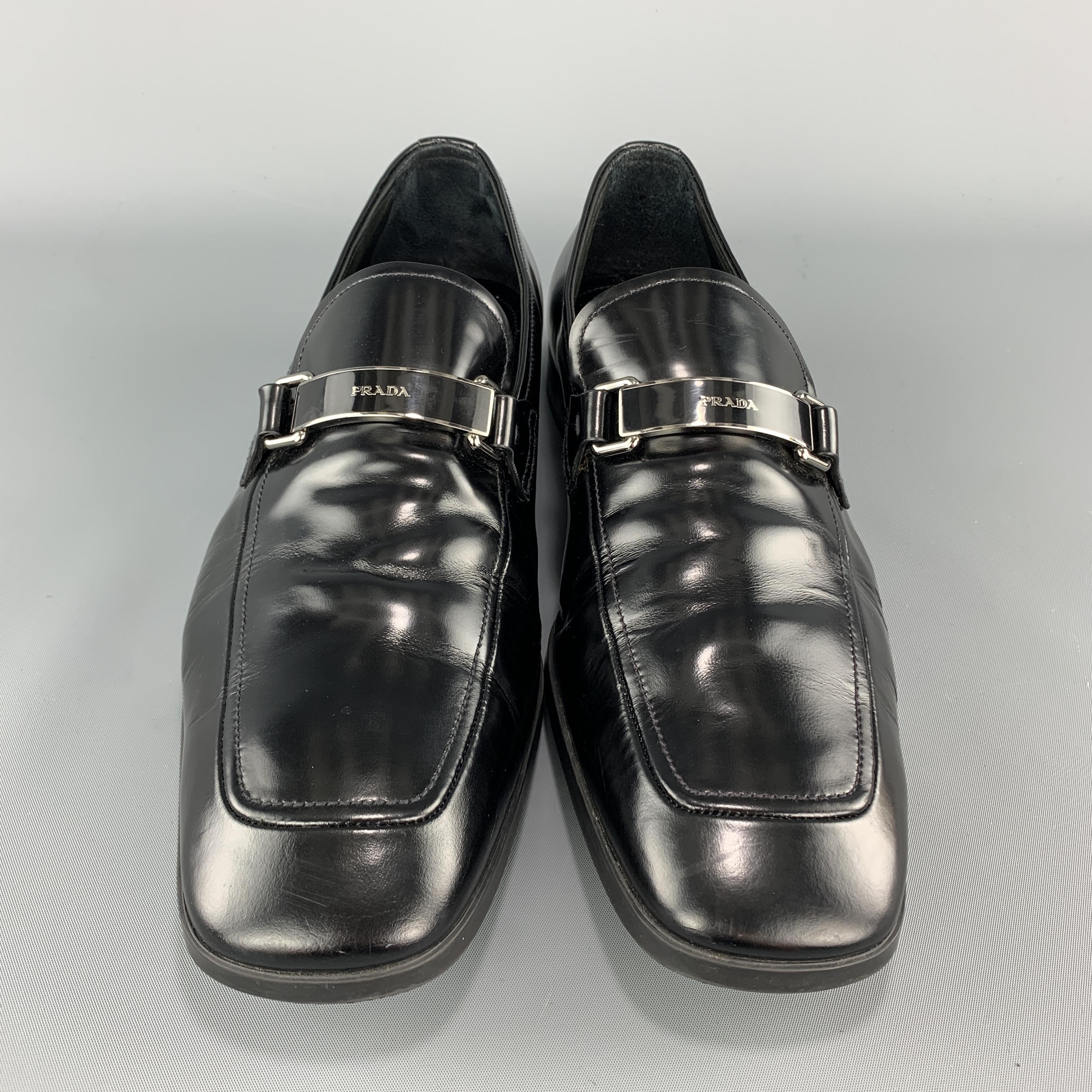 Men's PRADA Size 9 Black Patent Leather Enamel Logo Strap Loafers