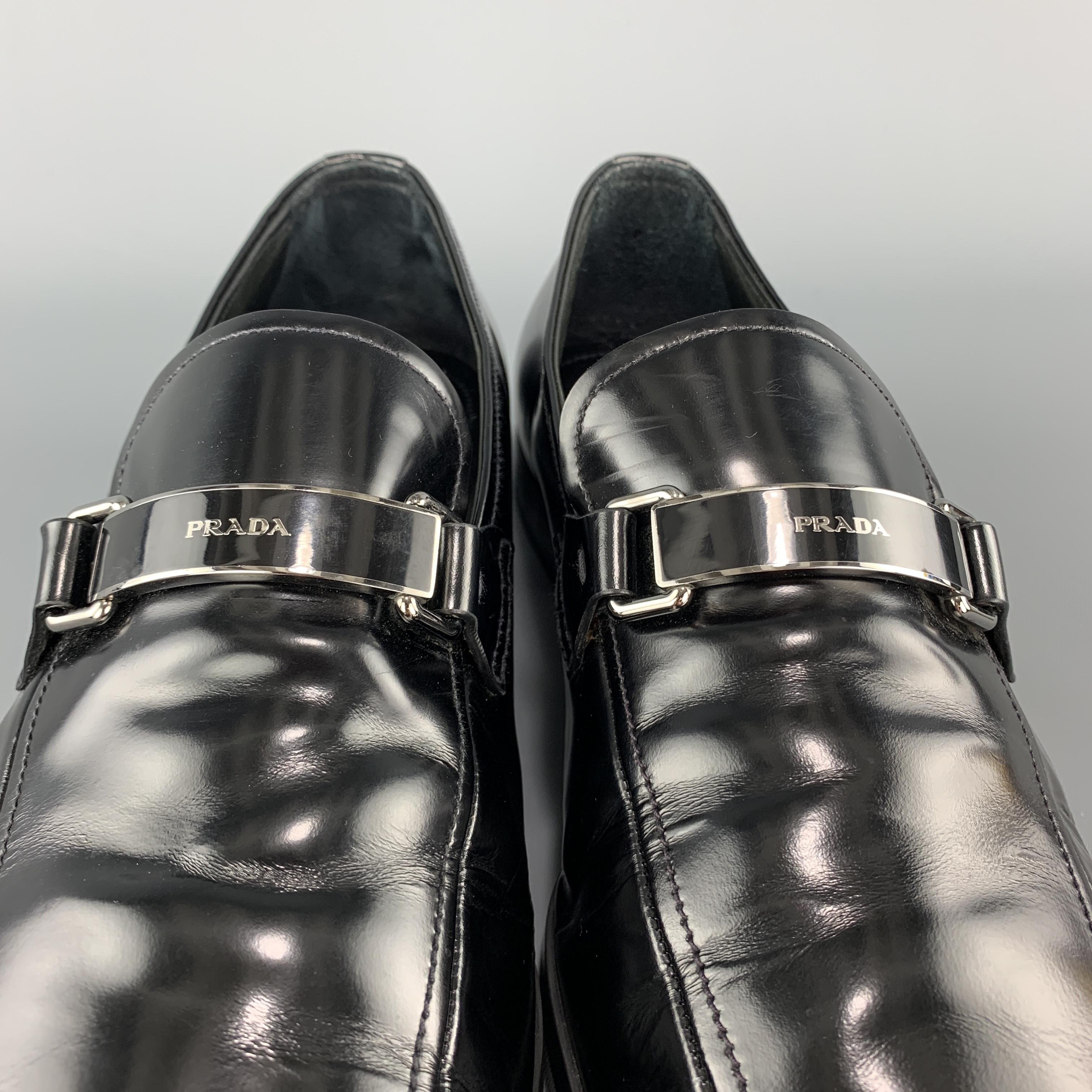 PRADA Size 9 Black Patent Leather Enamel Logo Strap Loafers 1