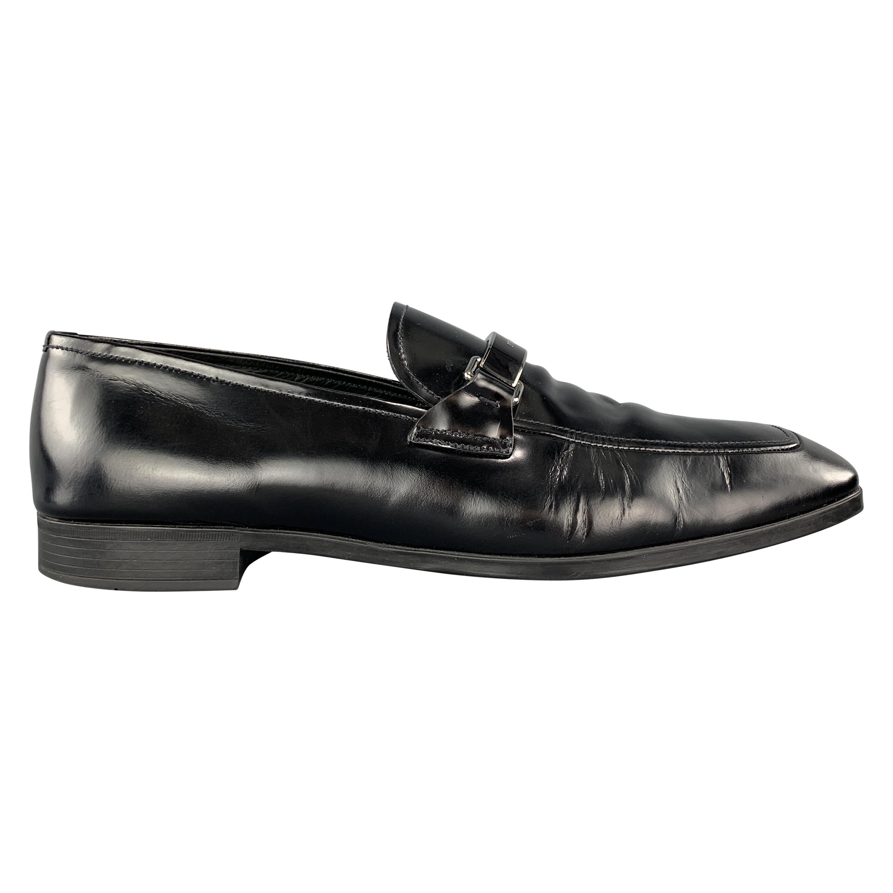 PRADA Size 9 Black Patent Leather Enamel Logo Strap Loafers