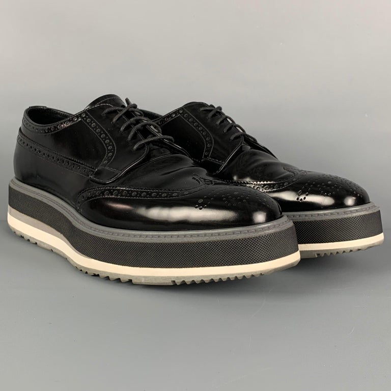 PRADA Size 9 Black Perforated Leather Wingtip Platform Lace Up Shoes For  Sale at 1stDibs