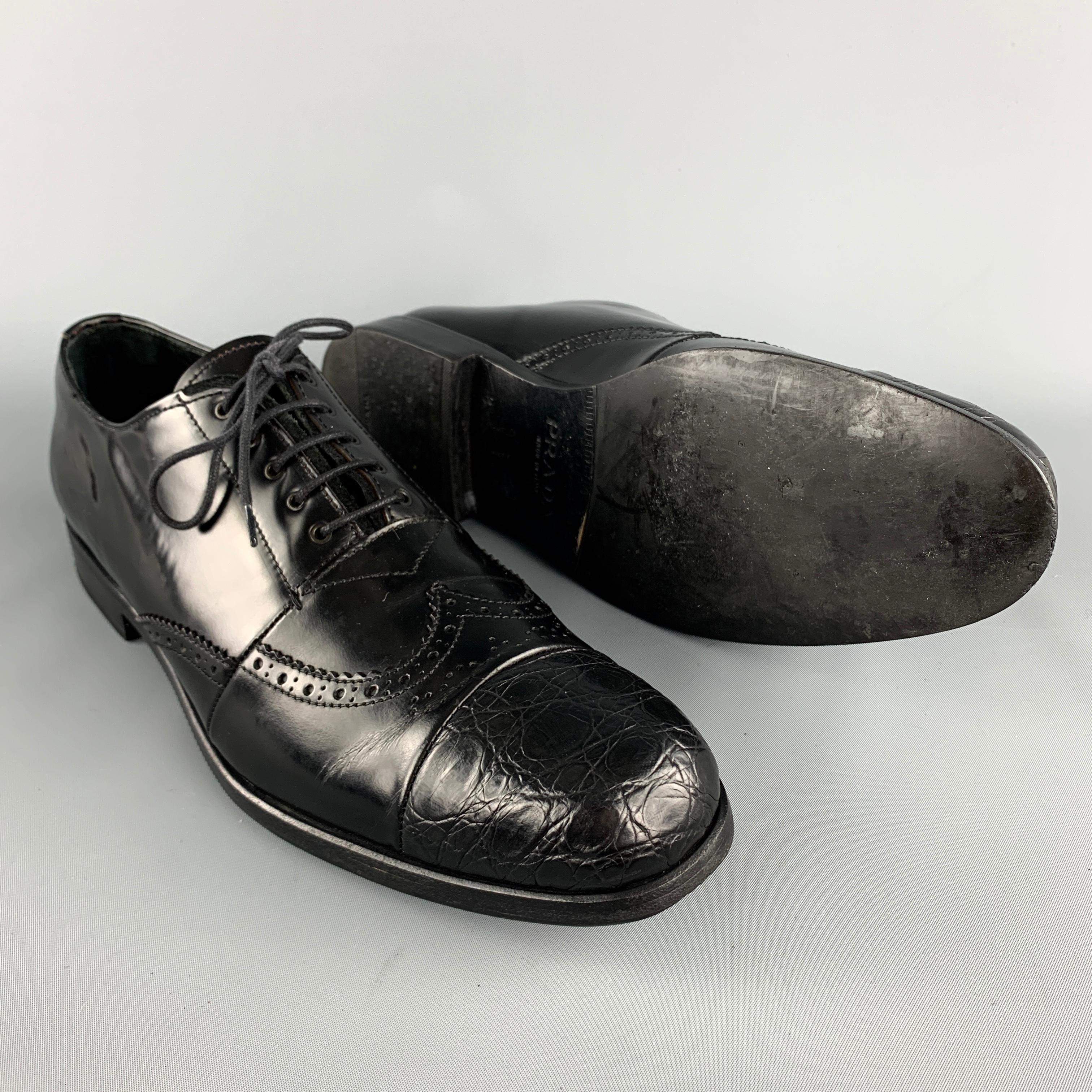 PRADA Size 9 Black Perforated Leather Wingtip Textured Cap Toe Lace Up Shoes In Good Condition In San Francisco, CA