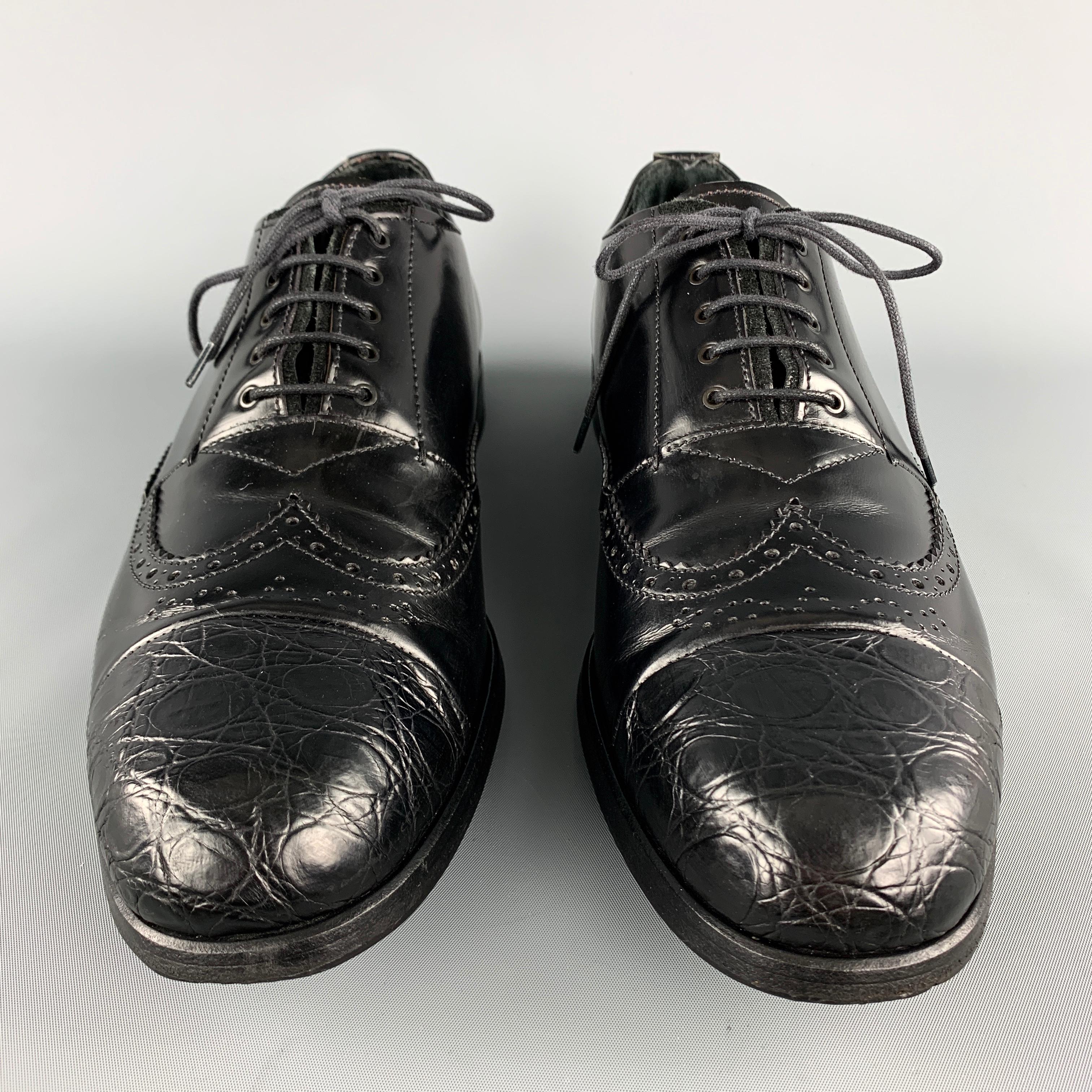 Men's PRADA Size 9 Black Perforated Leather Wingtip Textured Cap Toe Lace Up Shoes