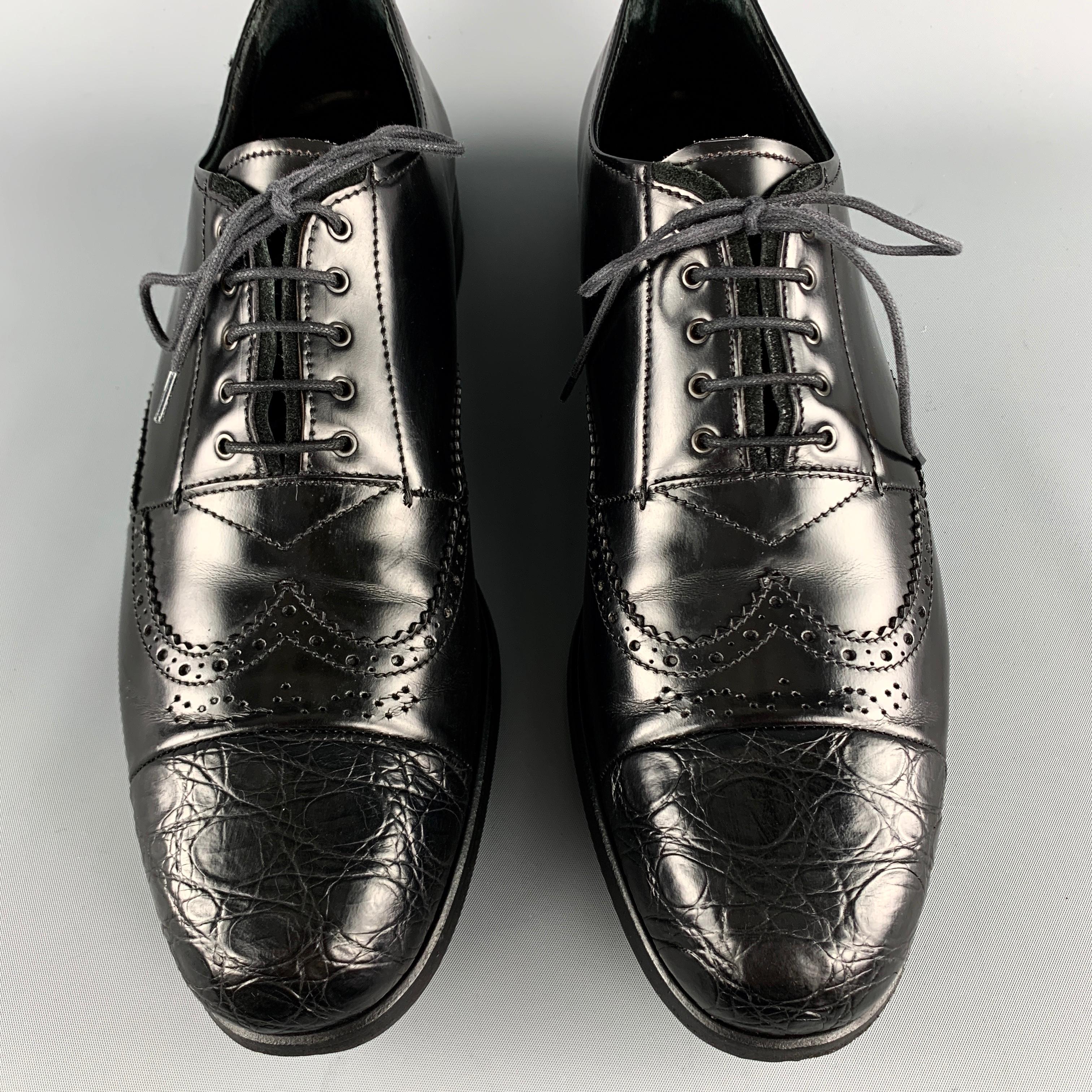 PRADA Size 9 Black Perforated Leather Wingtip Textured Cap Toe Lace Up Shoes 1