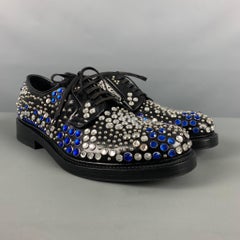 PRADA Size 9 Black Silver & Blue Studded Leather Lace Up Shoes