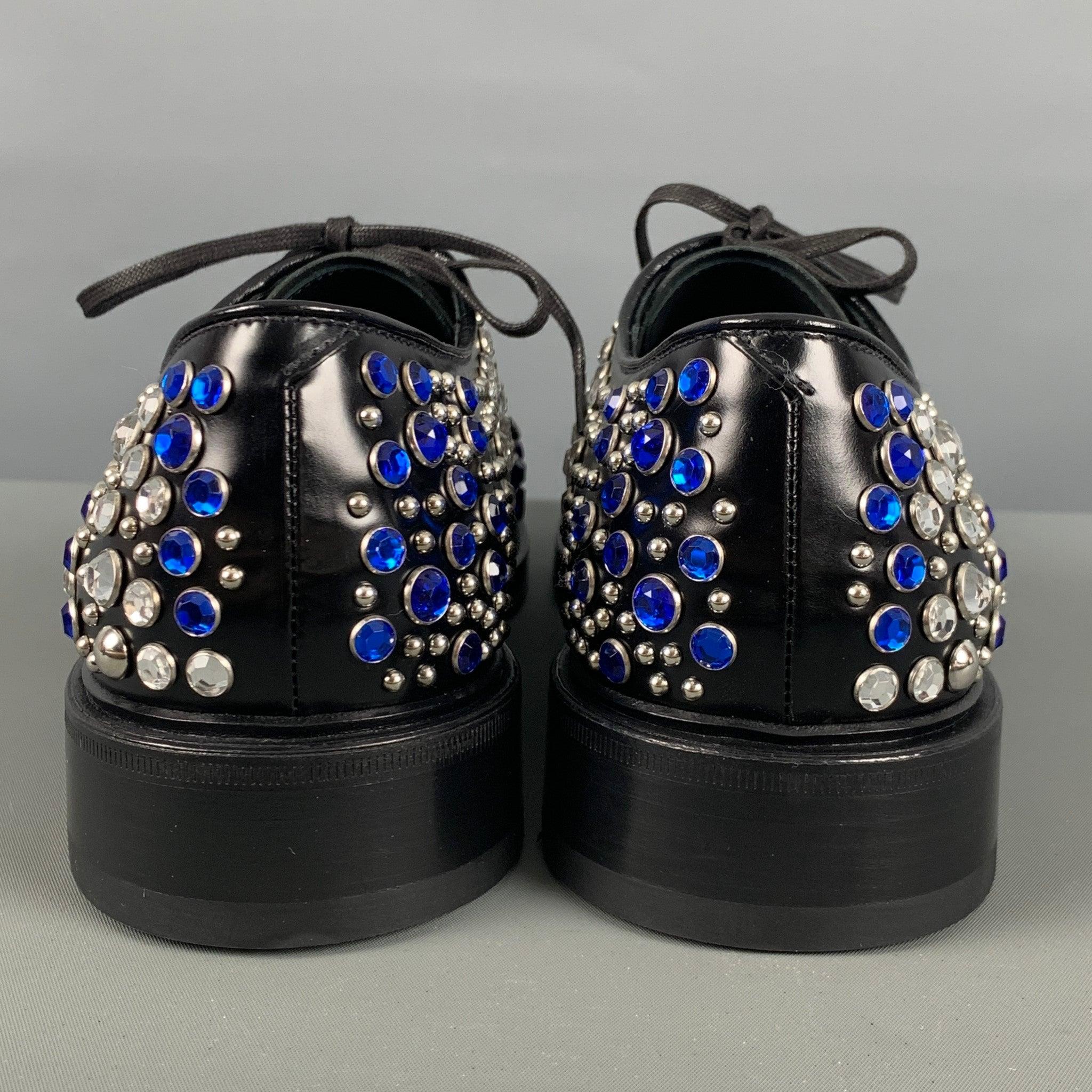 PRADA Size 9 Black Silver & Blue Studded Leather Lace Up Shoes In Excellent Condition For Sale In San Francisco, CA