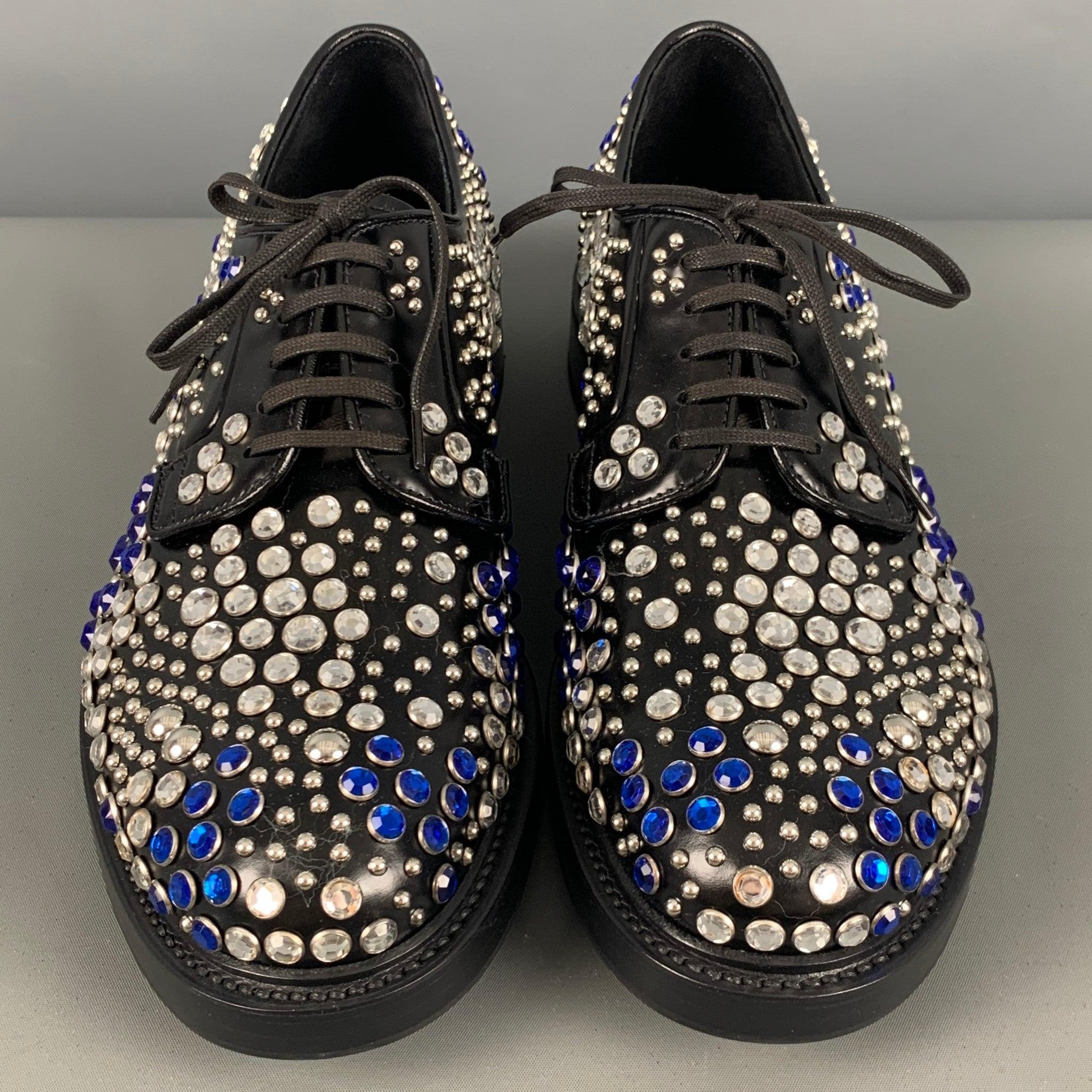 Men's PRADA Size 9 Black Silver & Blue Studded Leather Lace Up Shoes For Sale