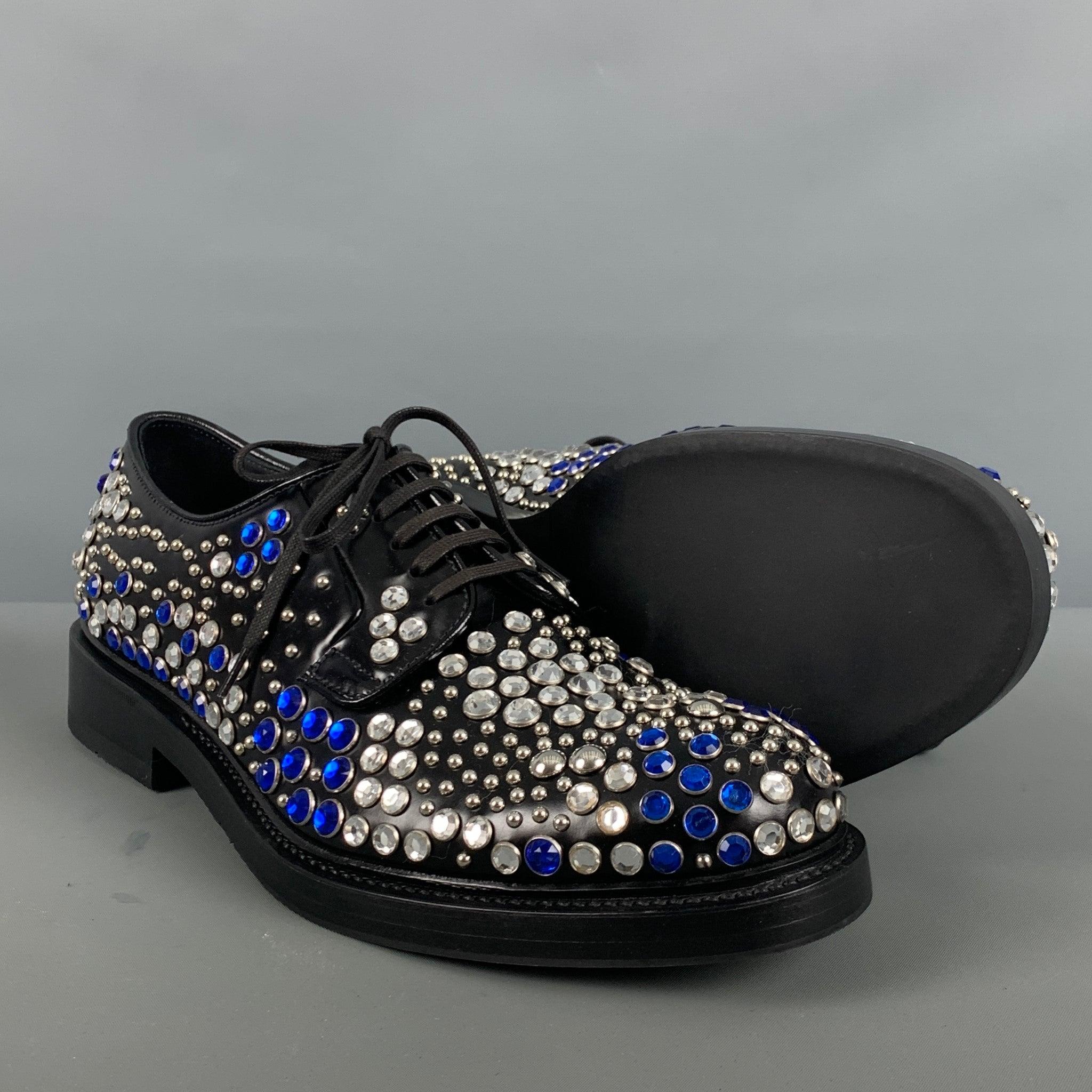 PRADA Size 9 Black Silver & Blue Studded Leather Lace Up Shoes For Sale 1