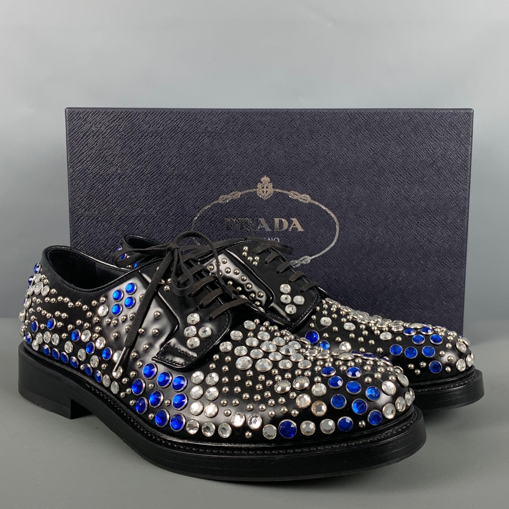 PRADA Size 9 Black Silver & Blue Studded Leather Lace Up Shoes For Sale 3